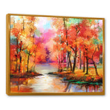 Autumn Aspen Trees In Red Leaf Forest By Lake