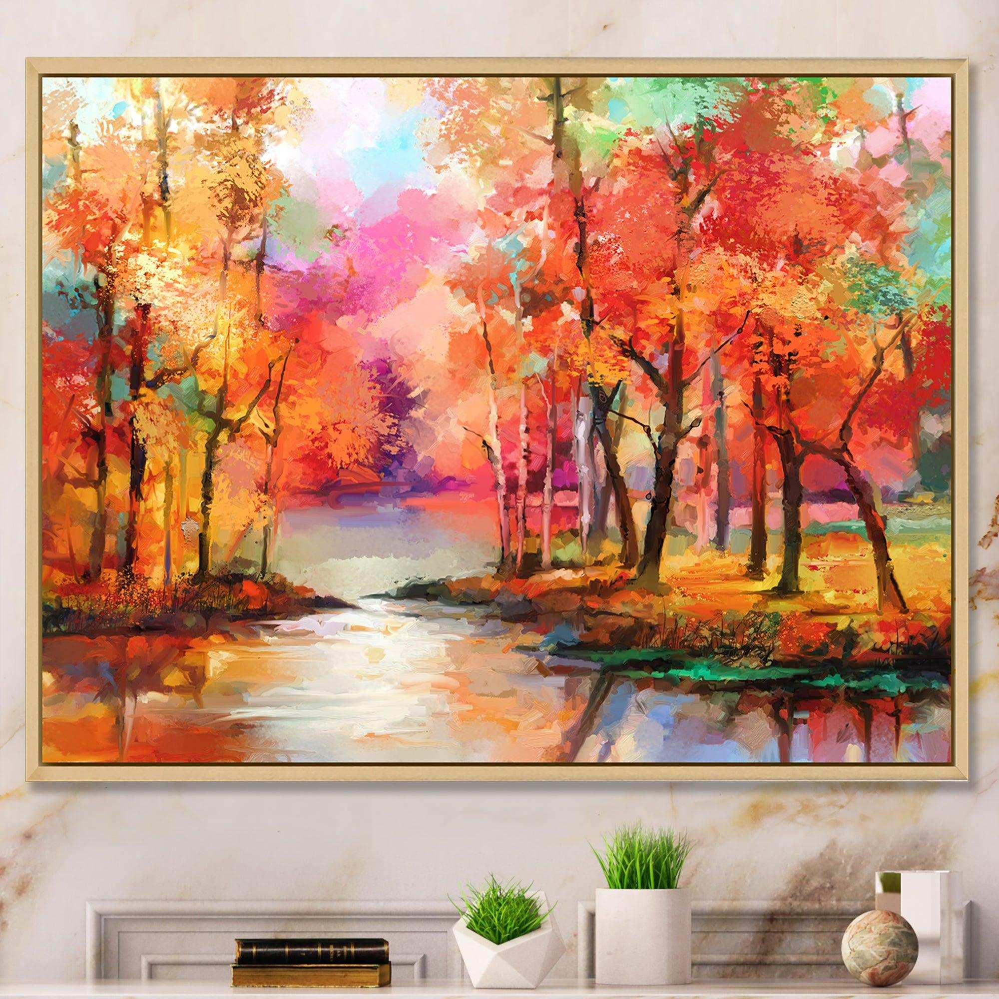 Autumn Aspen Trees In Red Leaf Forest By Lake