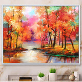 Autumn Aspen Trees In Red Leaf Forest By Lake