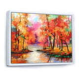 Autumn Aspen Trees In Red Leaf Forest By Lake