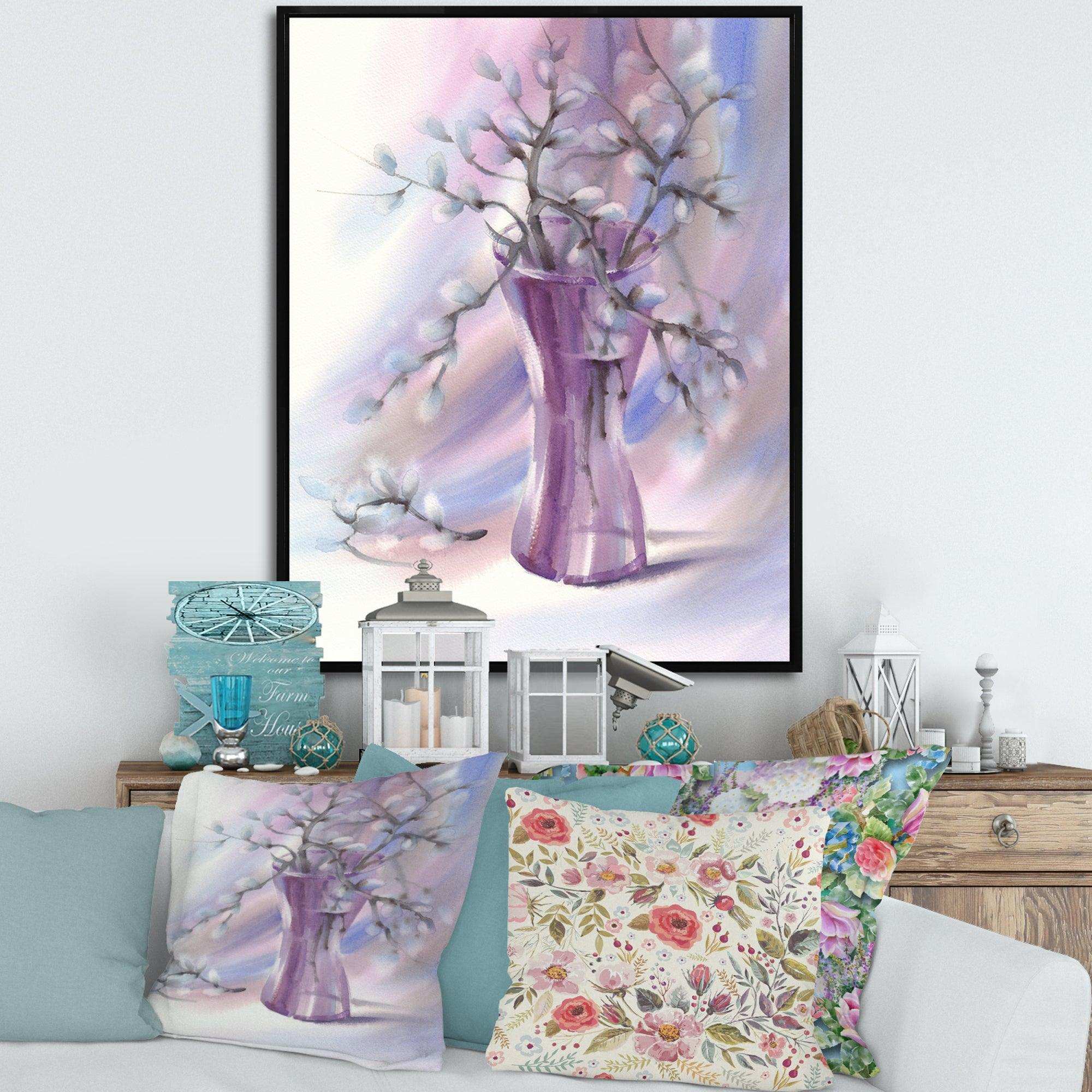 Pussy Willow Branches In Violet Glass Vase