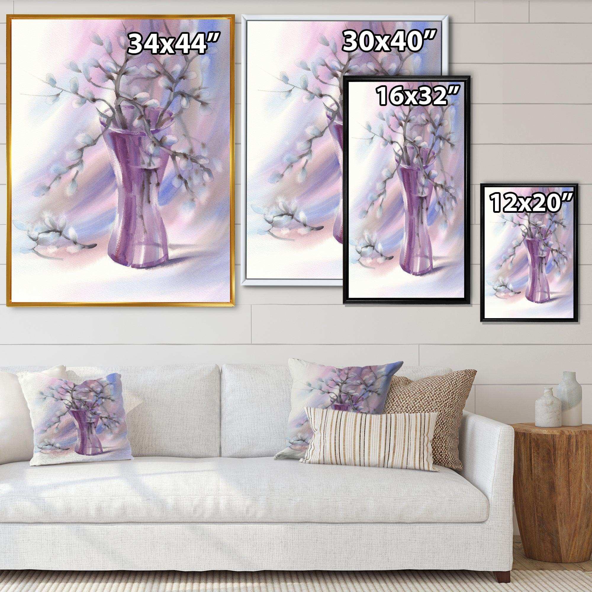 Pussy Willow Branches In Violet Glass Vase