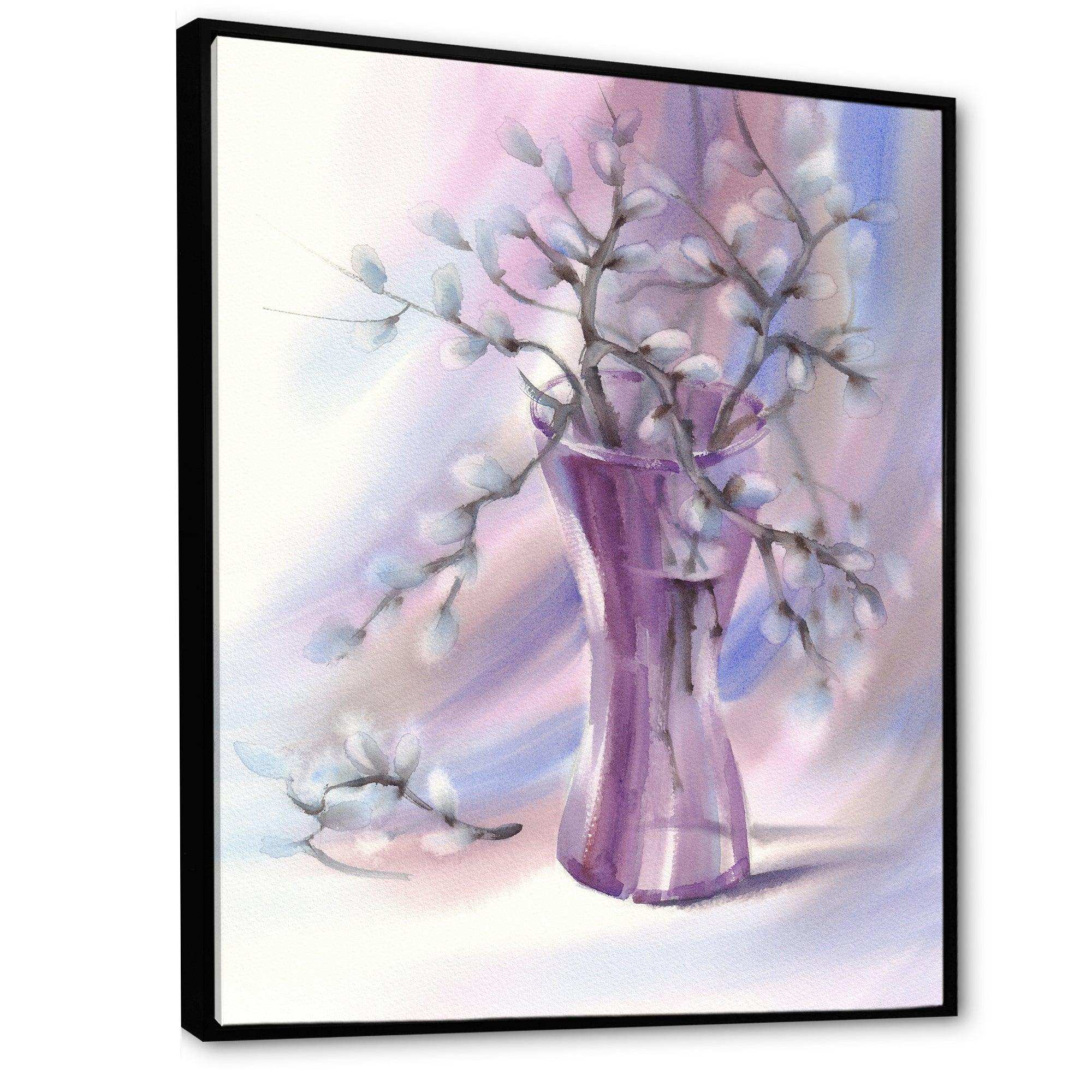 Pussy Willow Branches In Violet Glass Vase