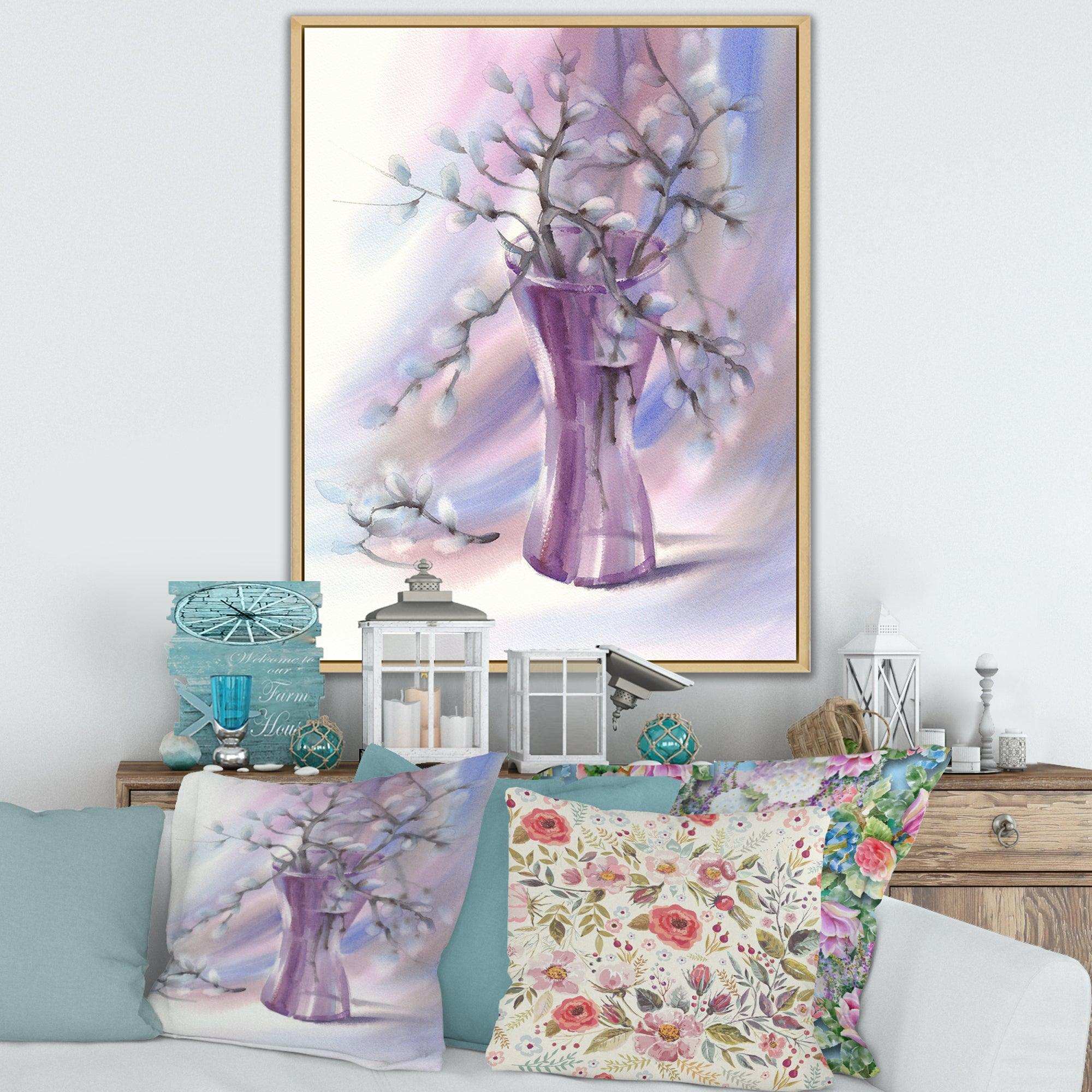 Pussy Willow Branches In Violet Glass Vase