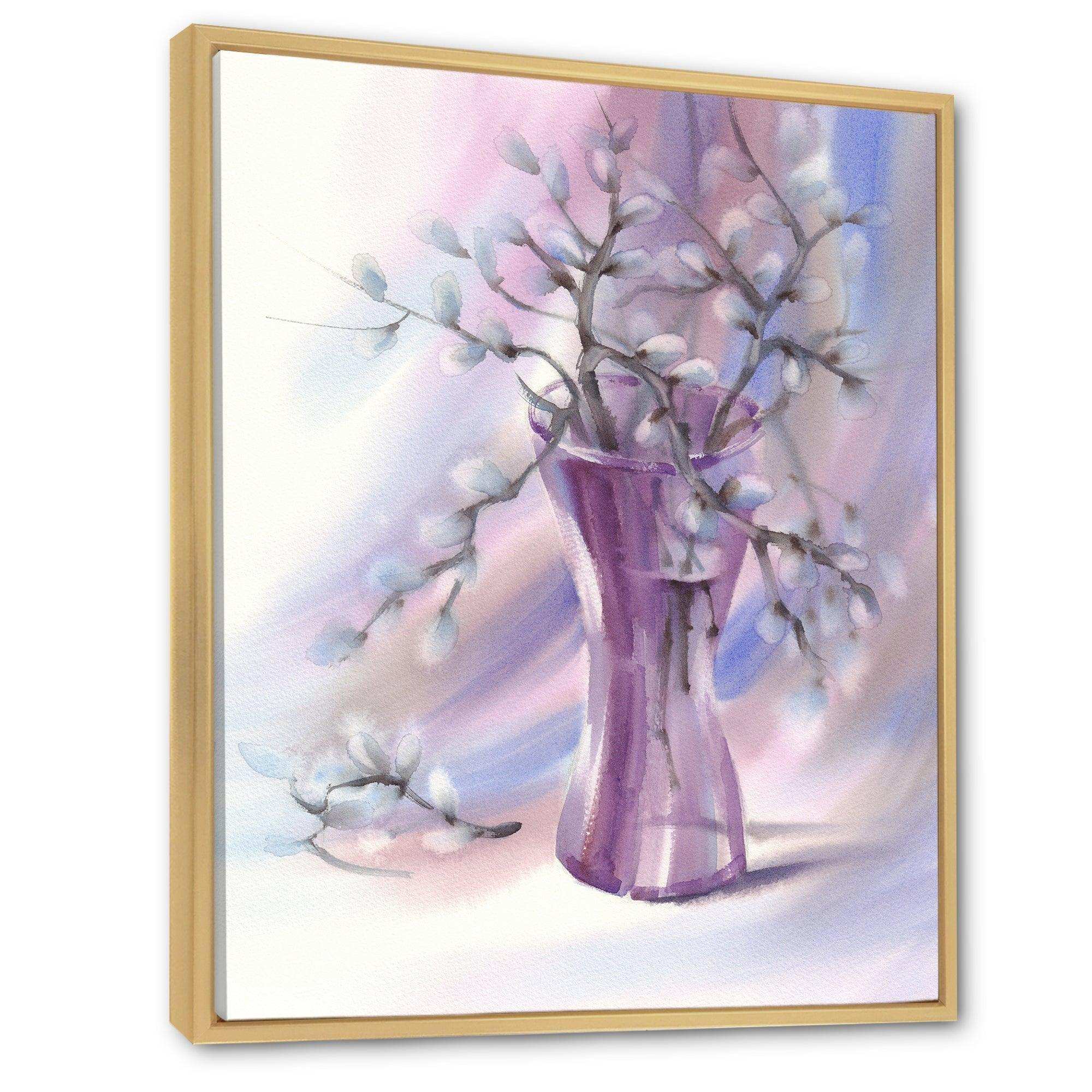 Pussy Willow Branches In Violet Glass Vase