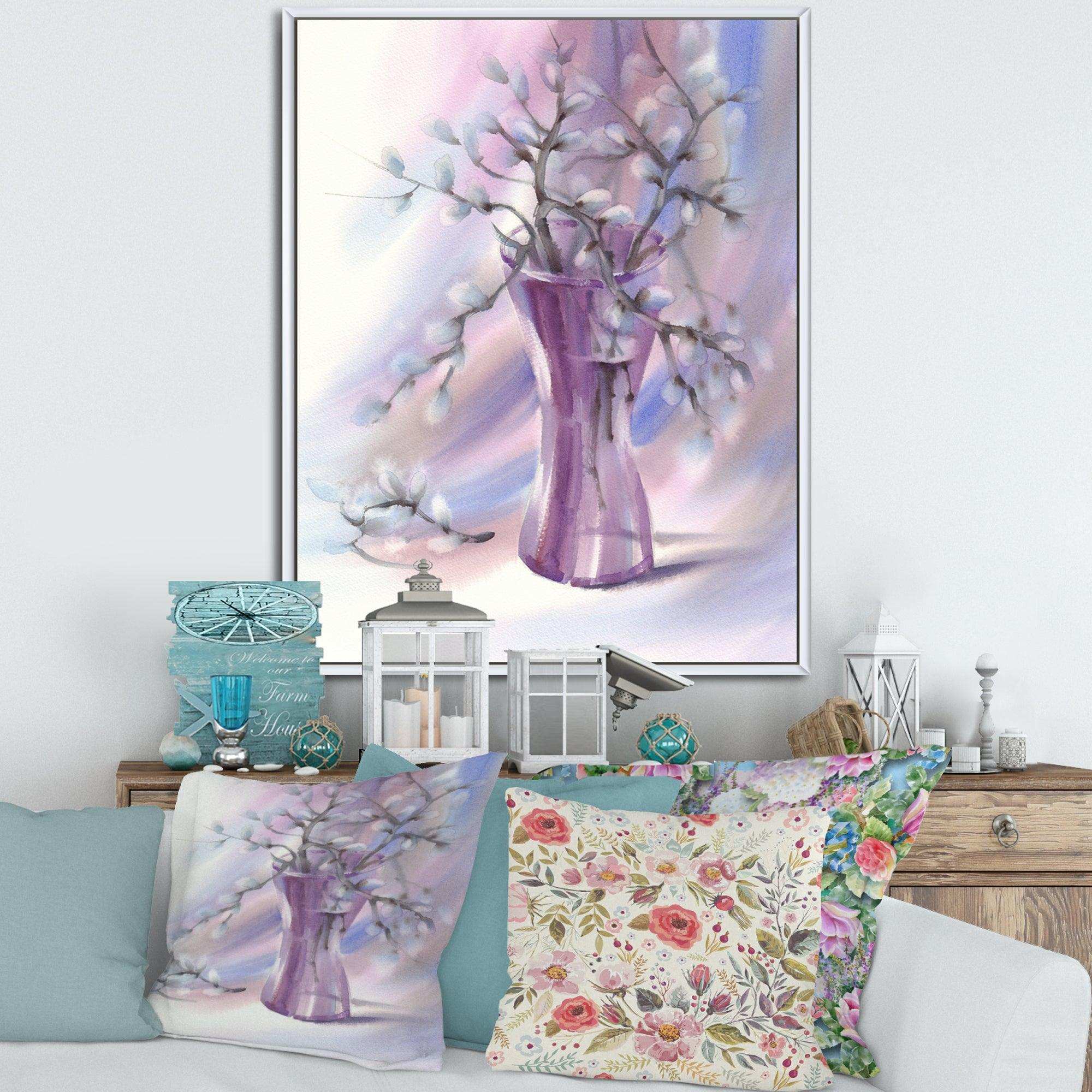 Pussy Willow Branches In Violet Glass Vase