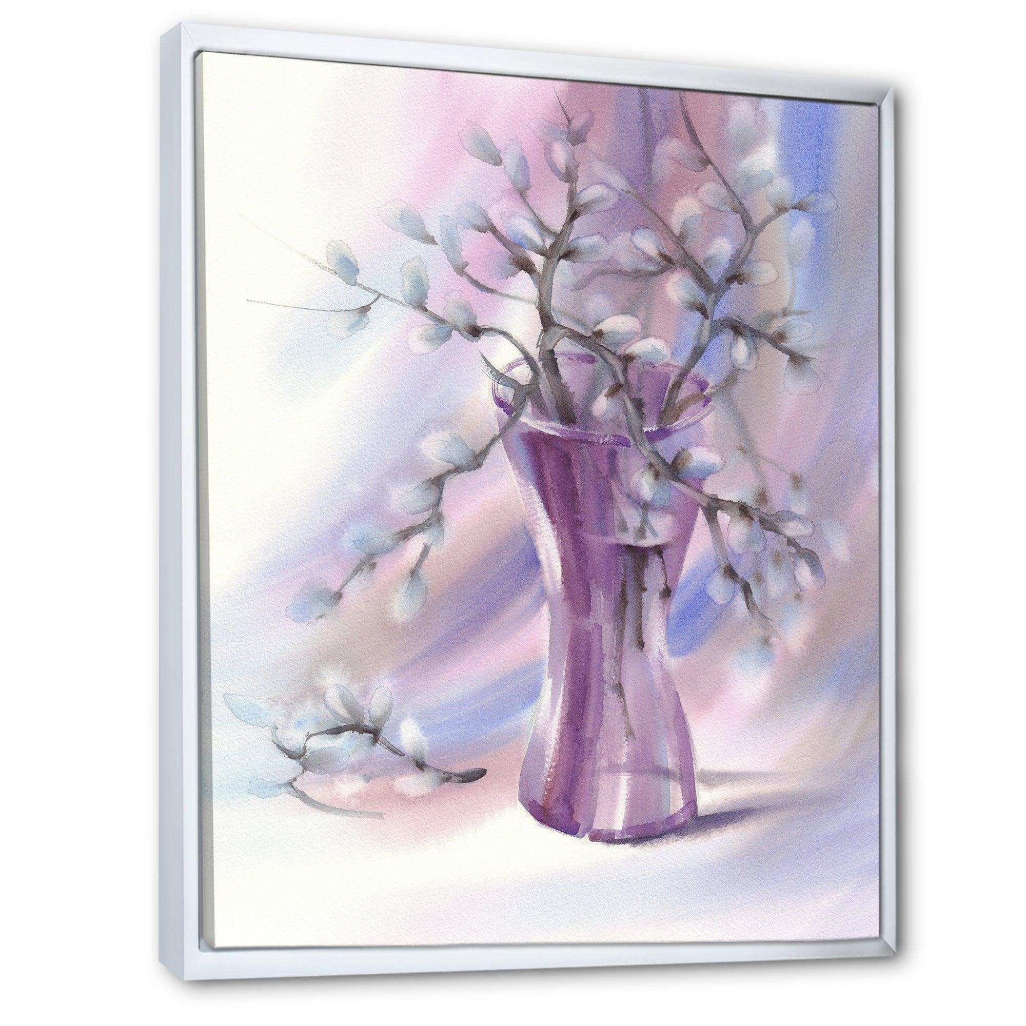 Pussy Willow Branches In Violet Glass Vase