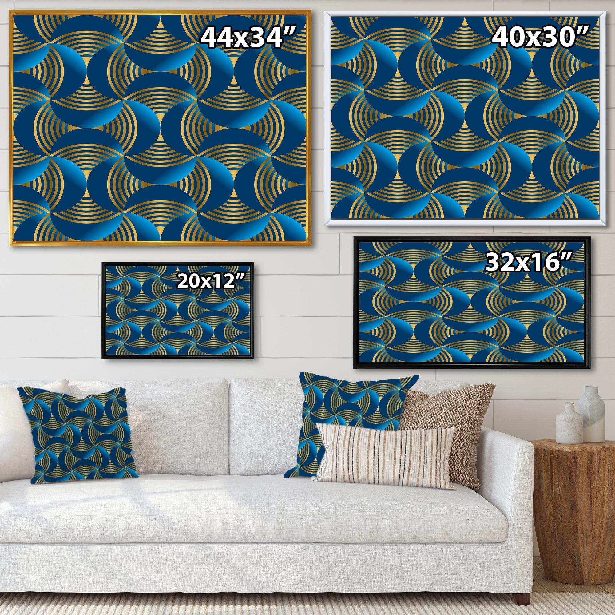 Geometric abstract waves in gold and marine blue