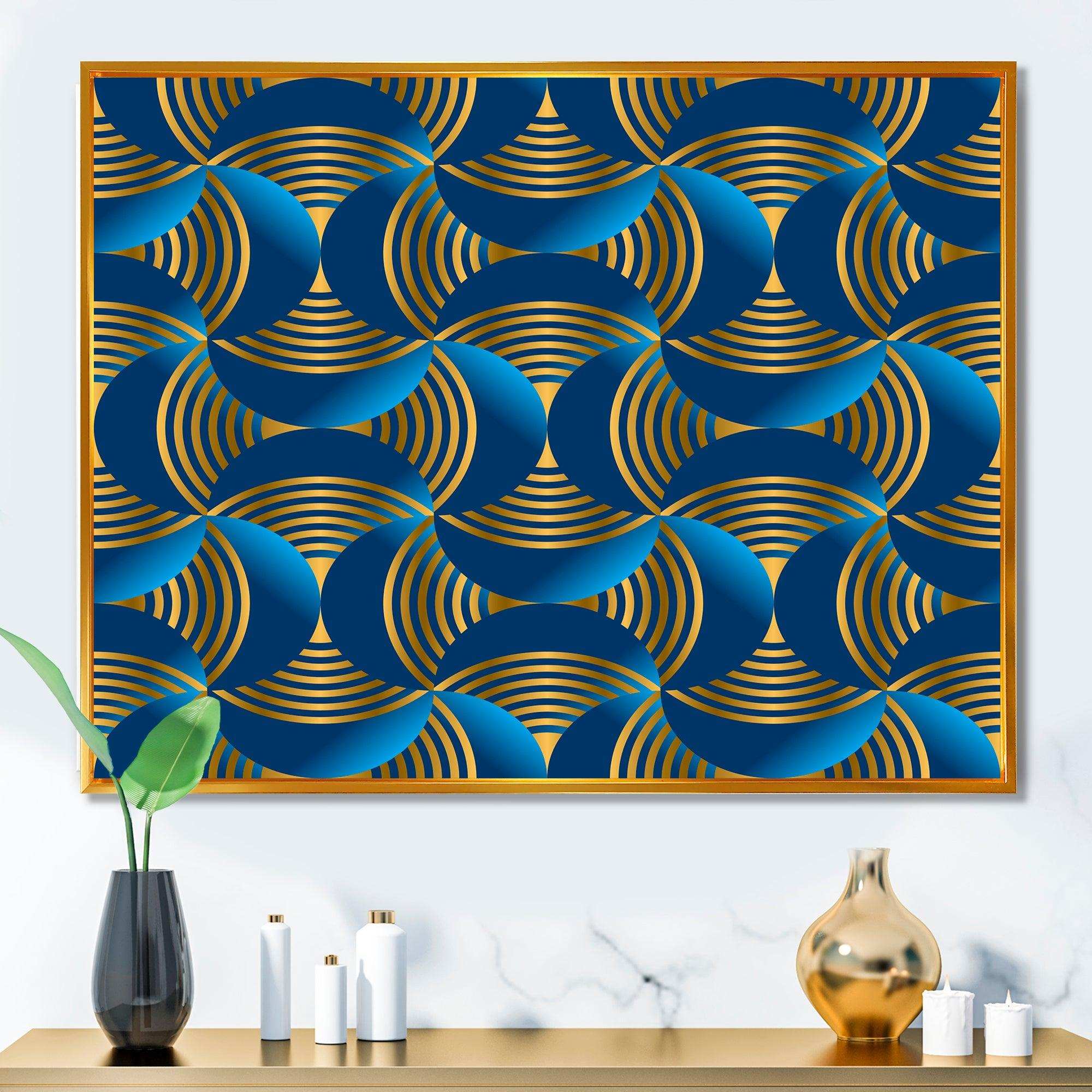 Geometric abstract waves in gold and marine blue