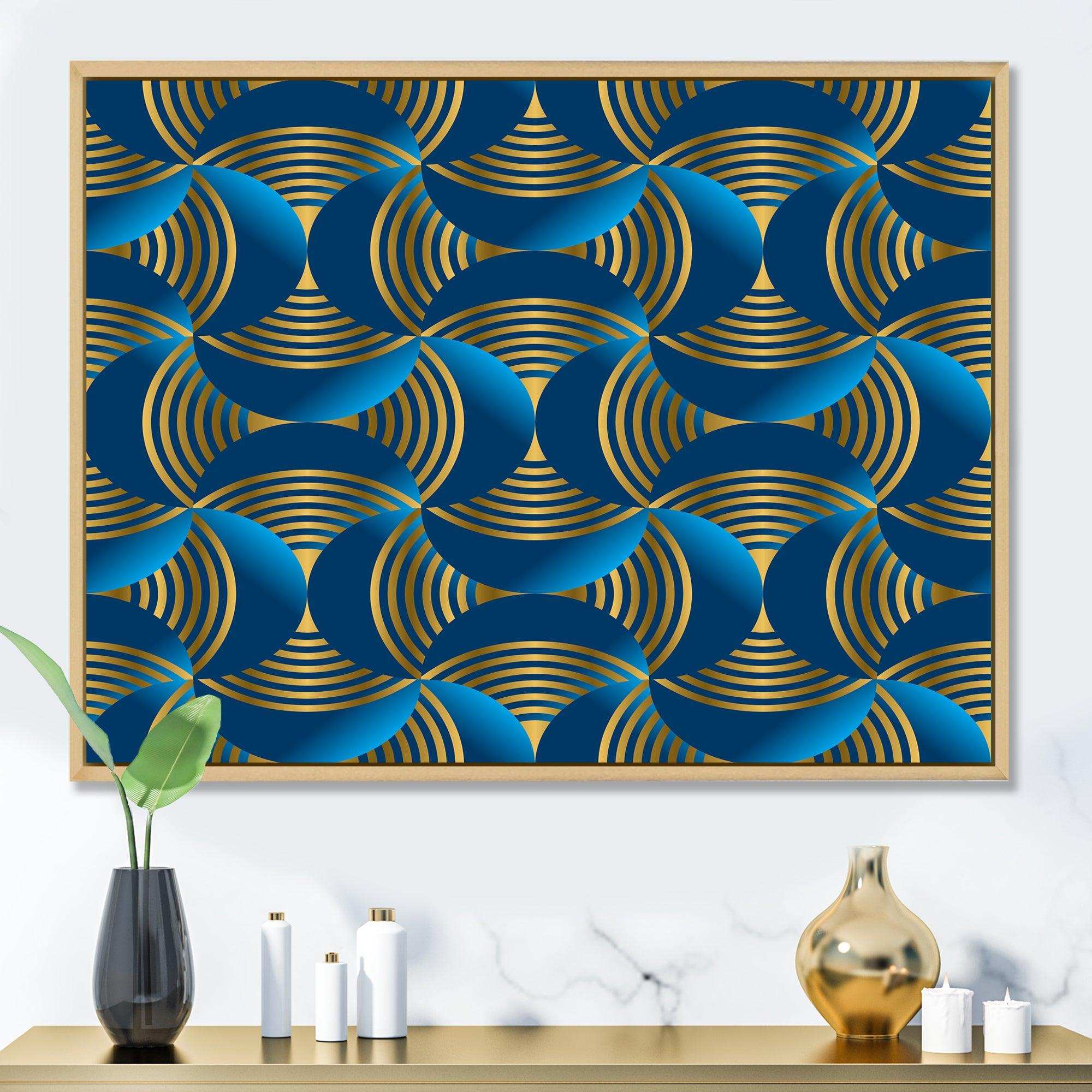 Geometric abstract waves in gold and marine blue