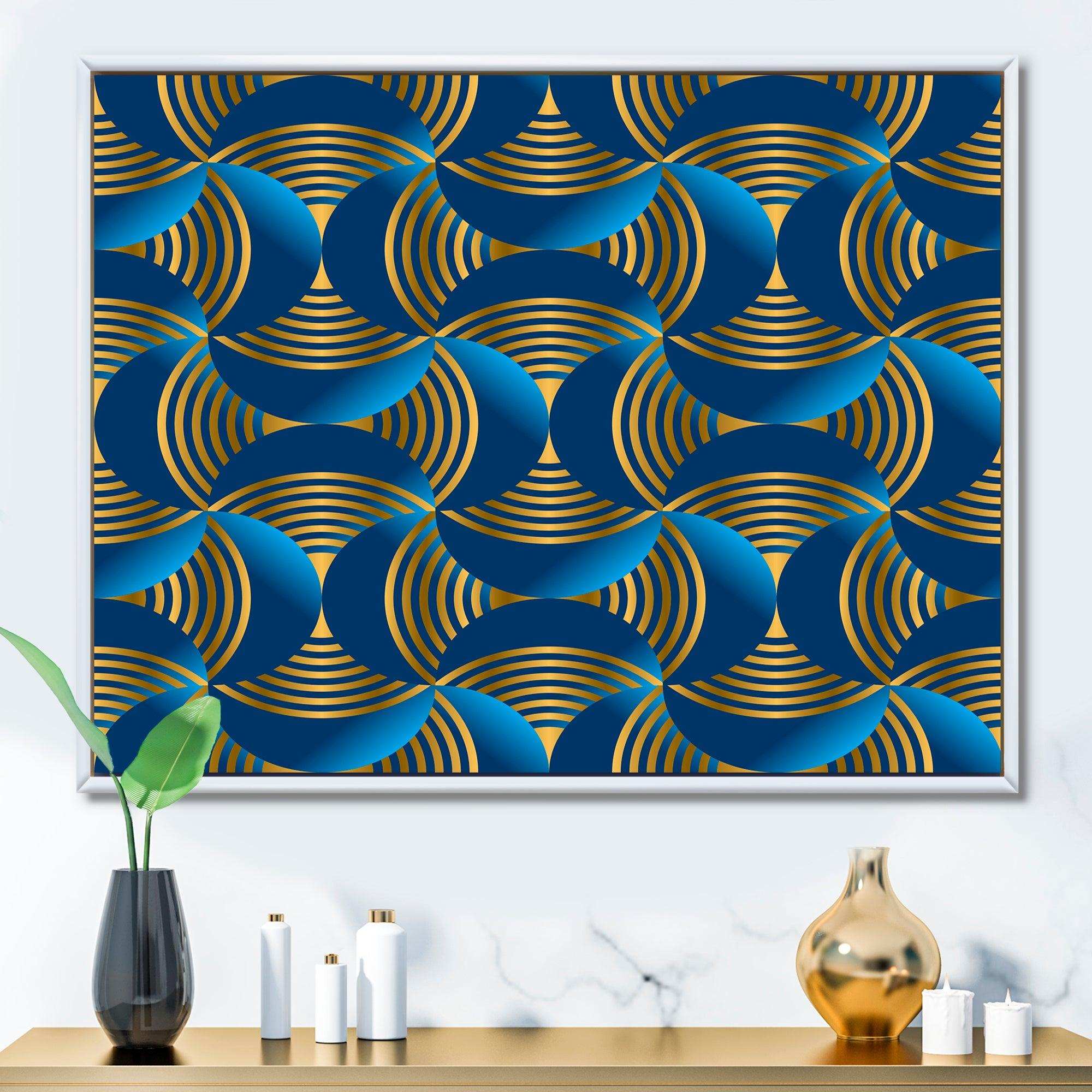 Geometric abstract waves in gold and marine blue