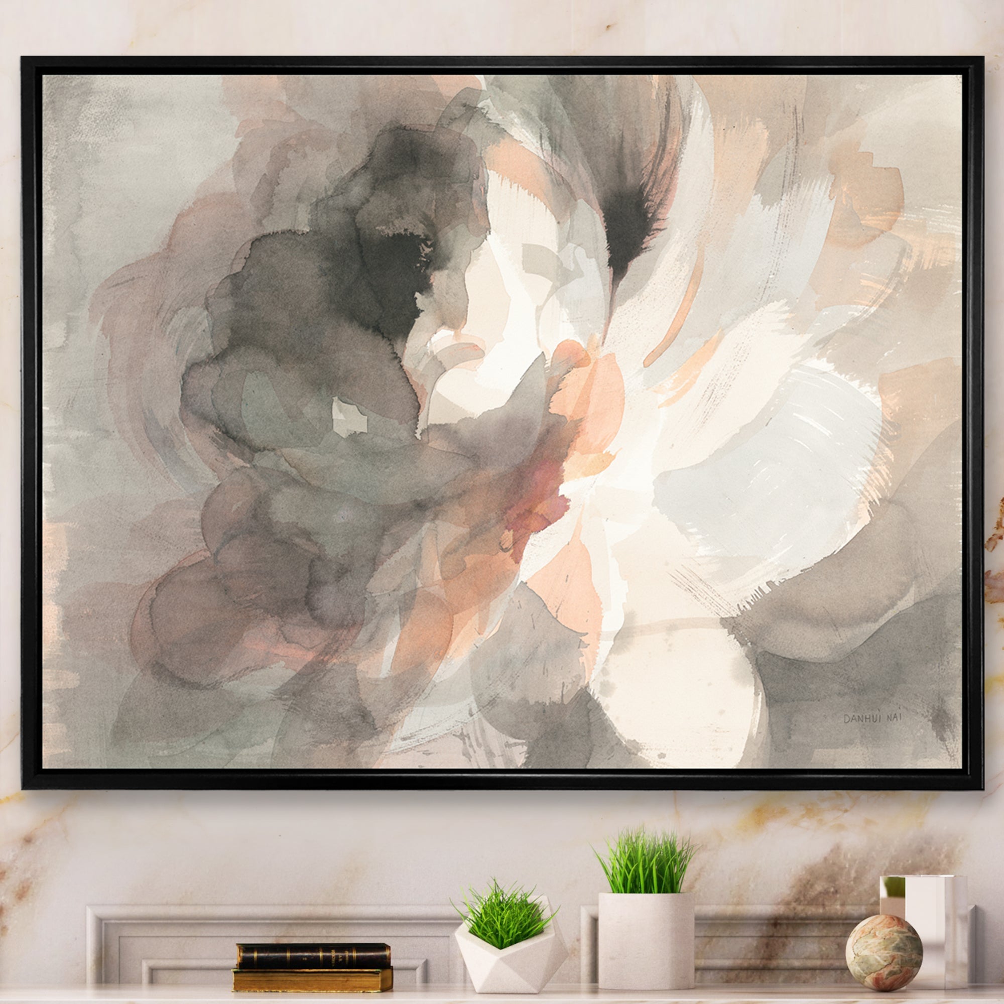 Abstract Peony Grey Framed Canvas Vibrant Black - 1.5 Thick