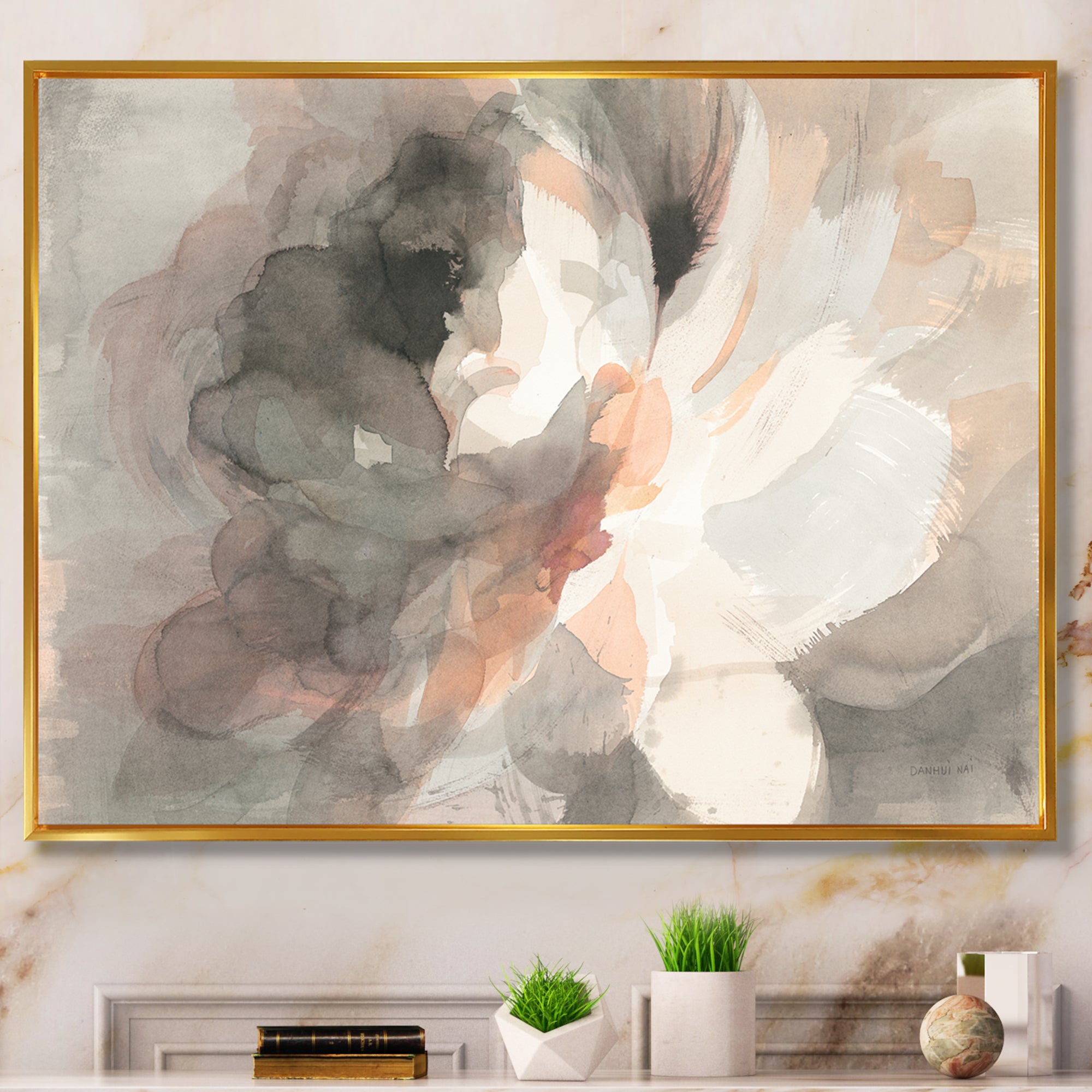 Abstract Peony Grey Framed Canvas Vibrant Gold - 1.5 Thick