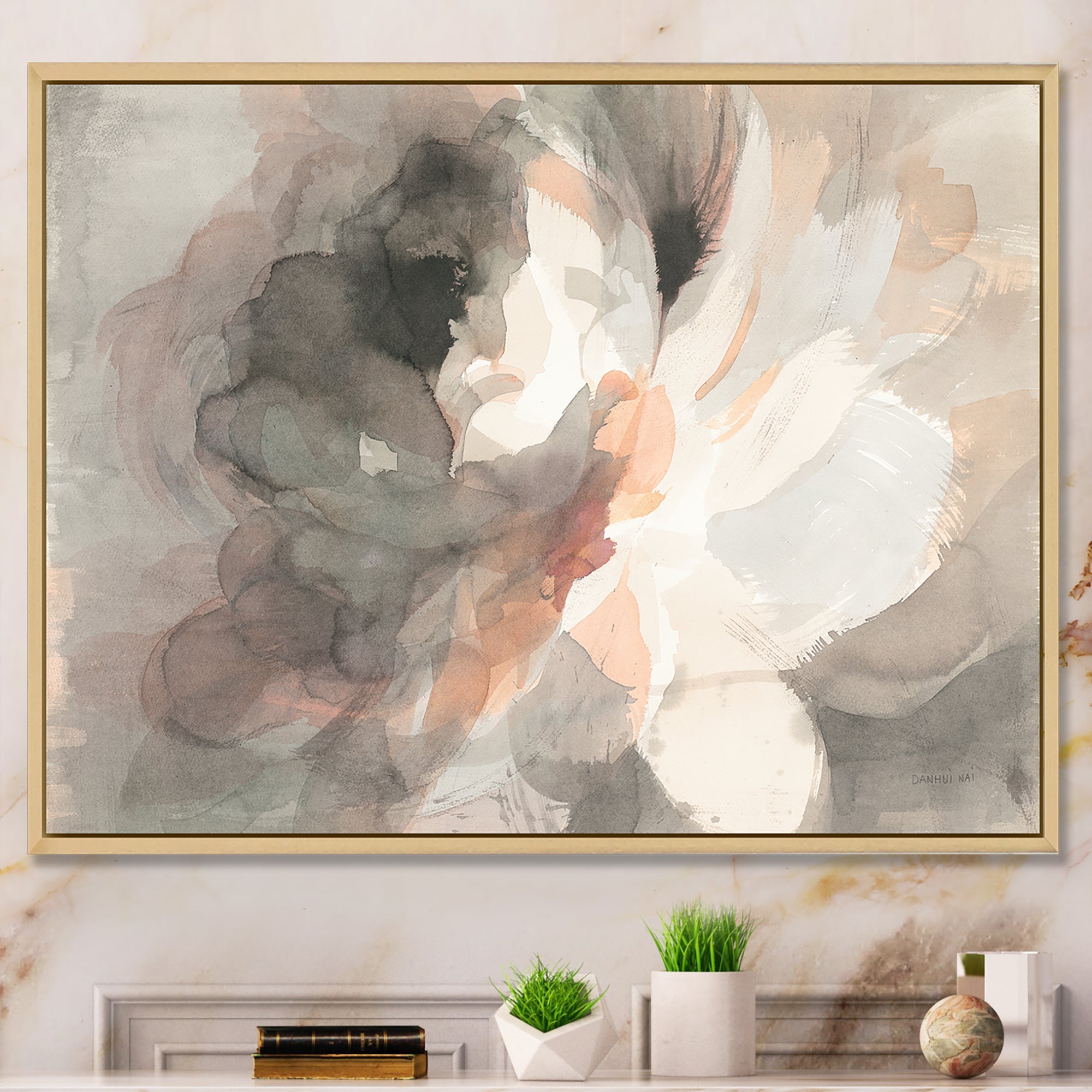 Abstract Peony Grey Framed Canvas Matte White - 1.5 Thick