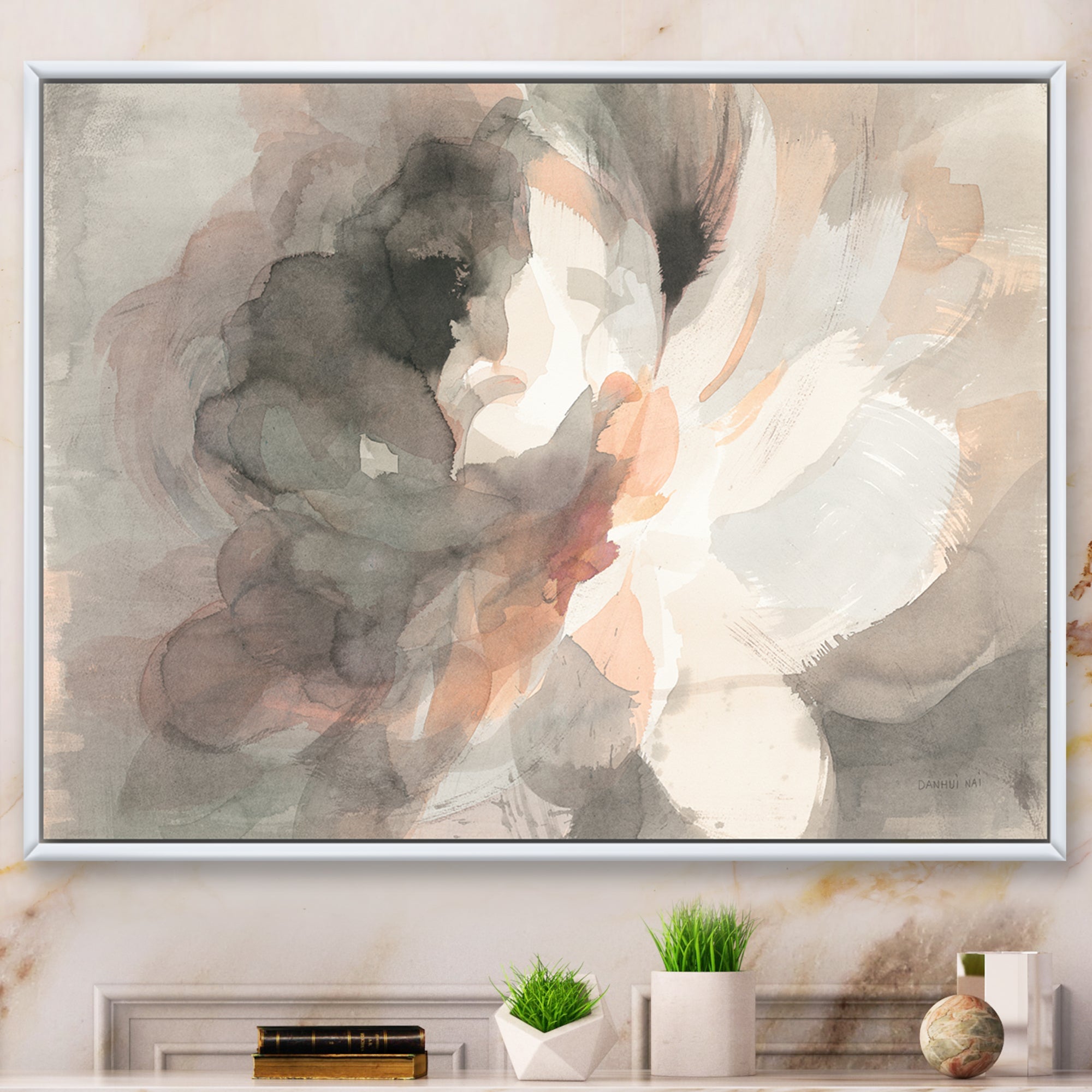 Abstract Peony Grey Framed Canvas Matte White - 1.5 Thick