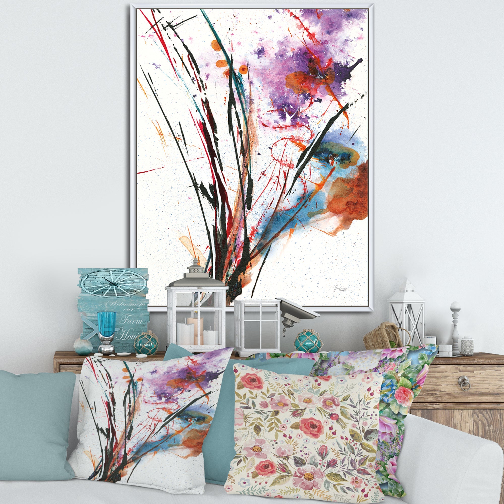 Abstract Purple and Blue Flowers Framed Canvas Matte White - 1.5 Thick