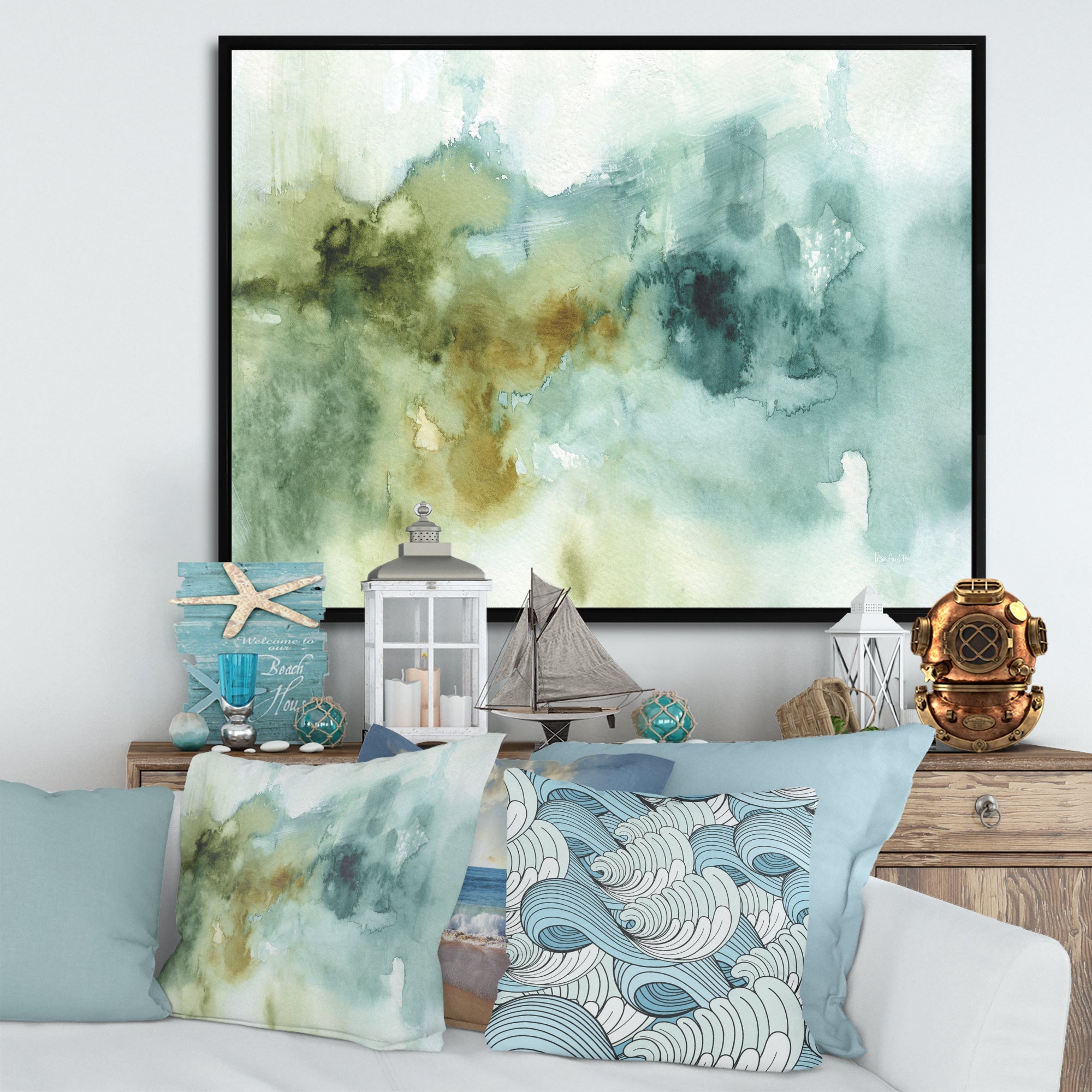 Abstract Watercolor Green House Framed Canvas Vibrant Black - 1.5 Thick