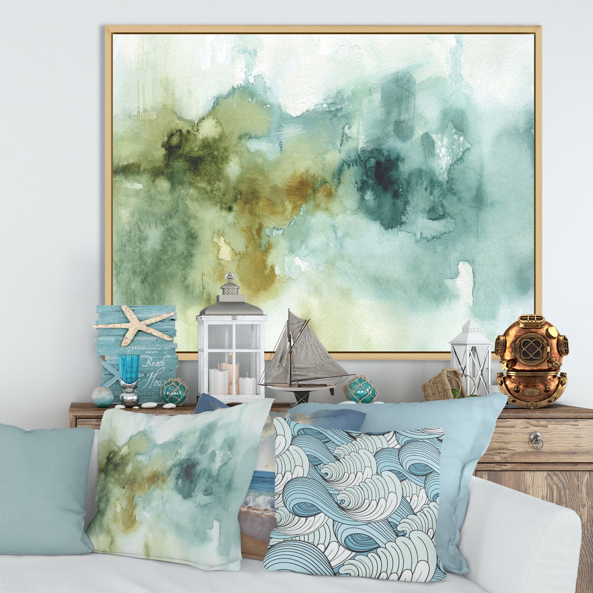 Abstract Watercolor Green House Framed Canvas Matte White - 1.5 Thick