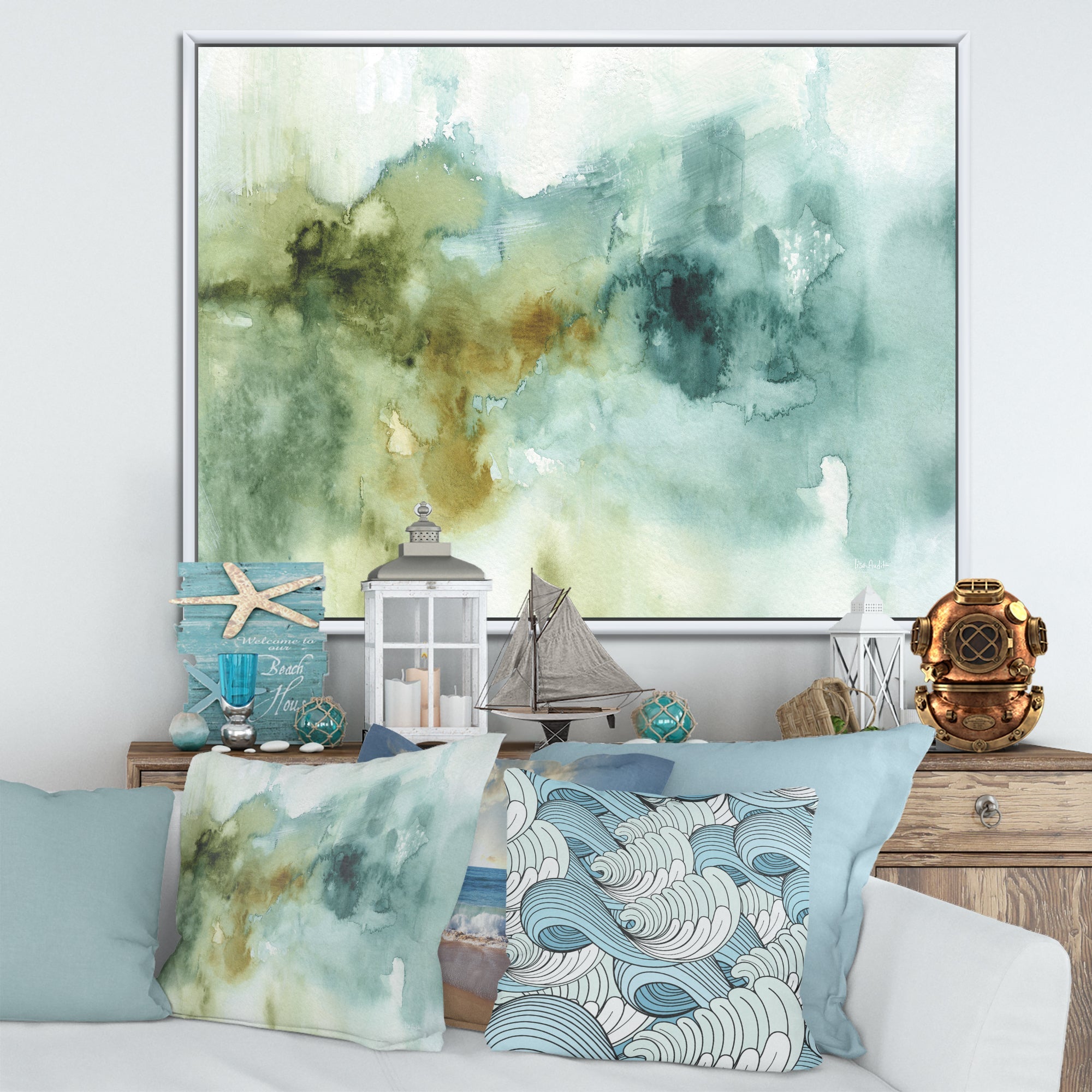 Abstract Watercolor Green House Framed Canvas Matte White - 1.5 Thick