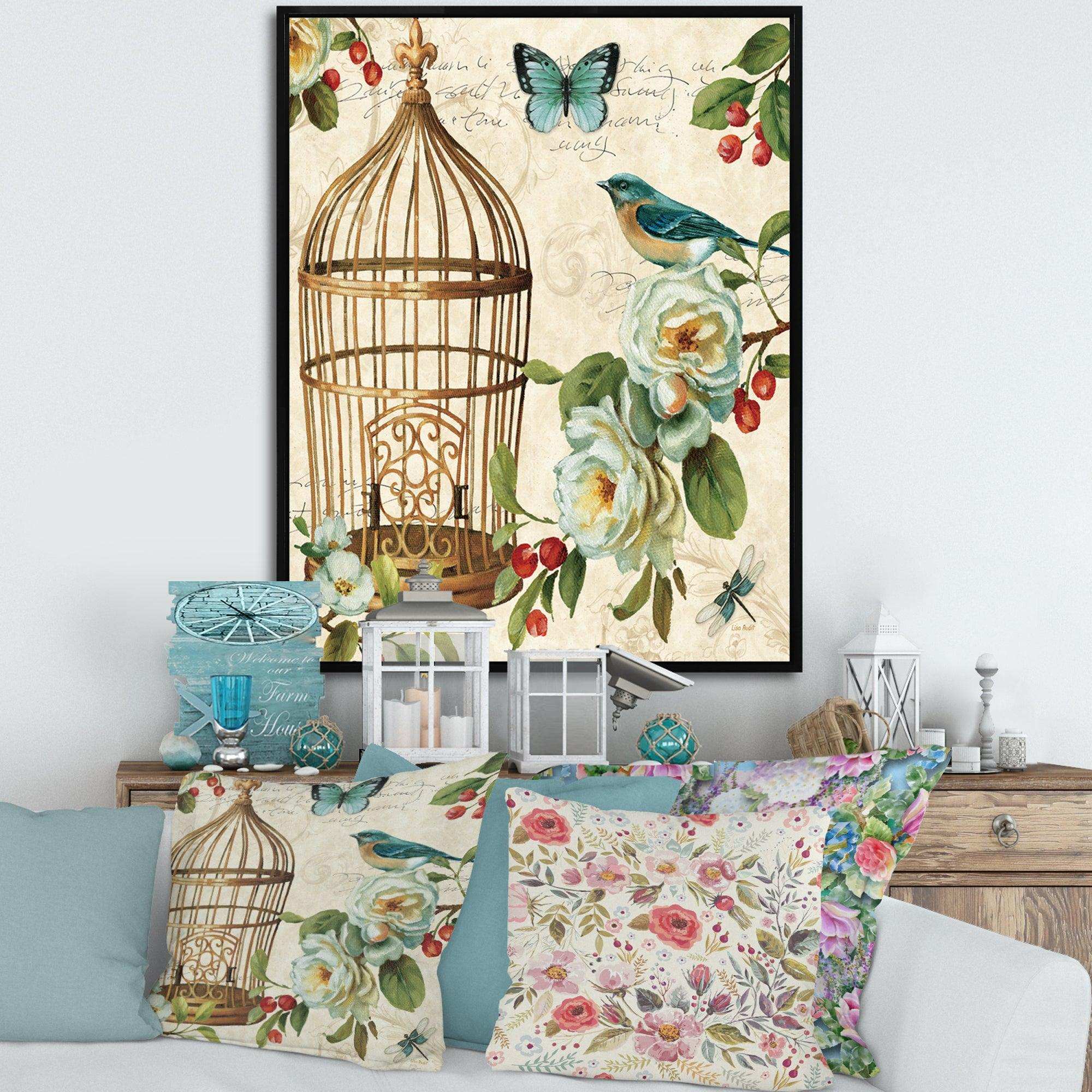Blue Cottage Bird, Birdcage and Apple Blossoms I