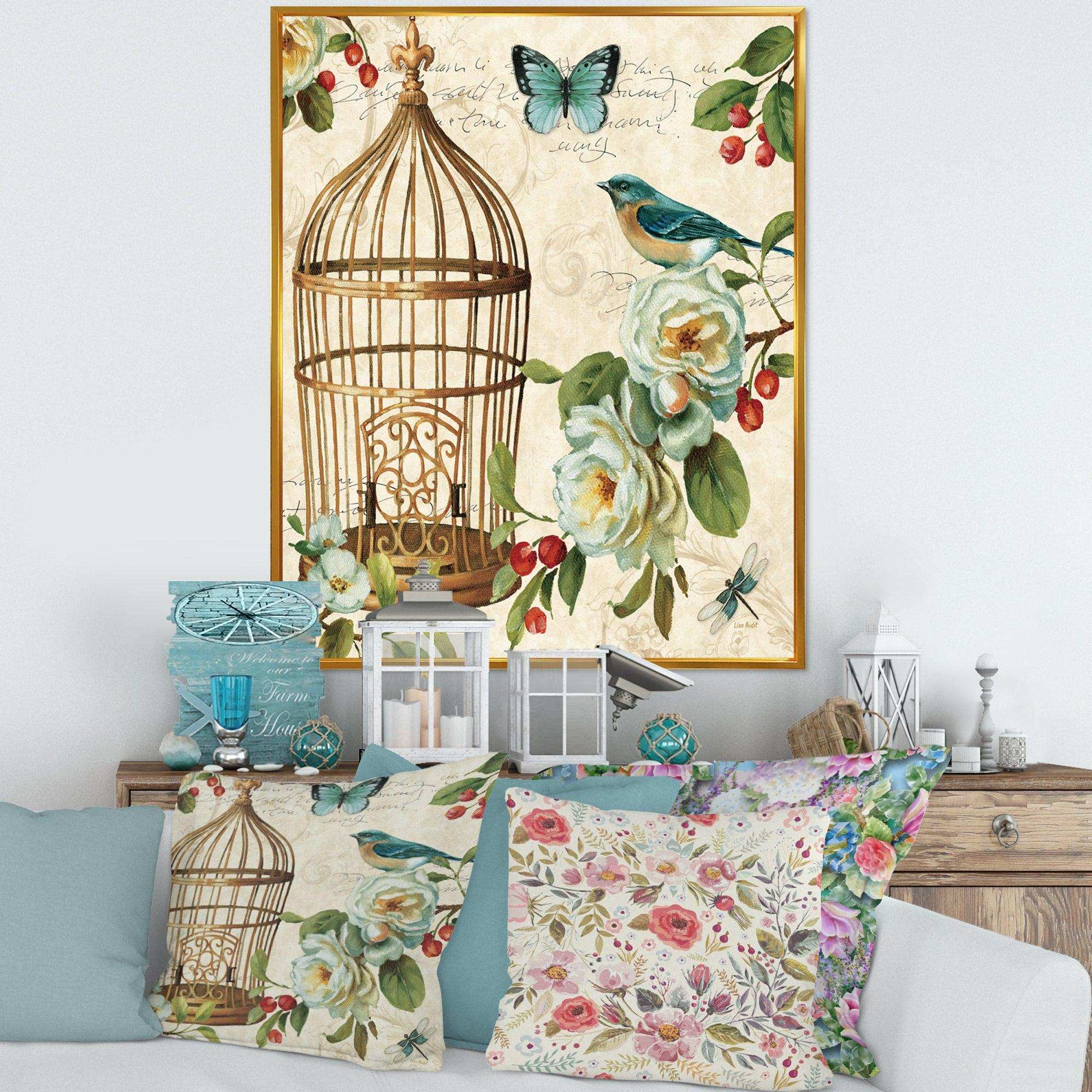 Blue Cottage Bird, Birdcage and Apple Blossoms I