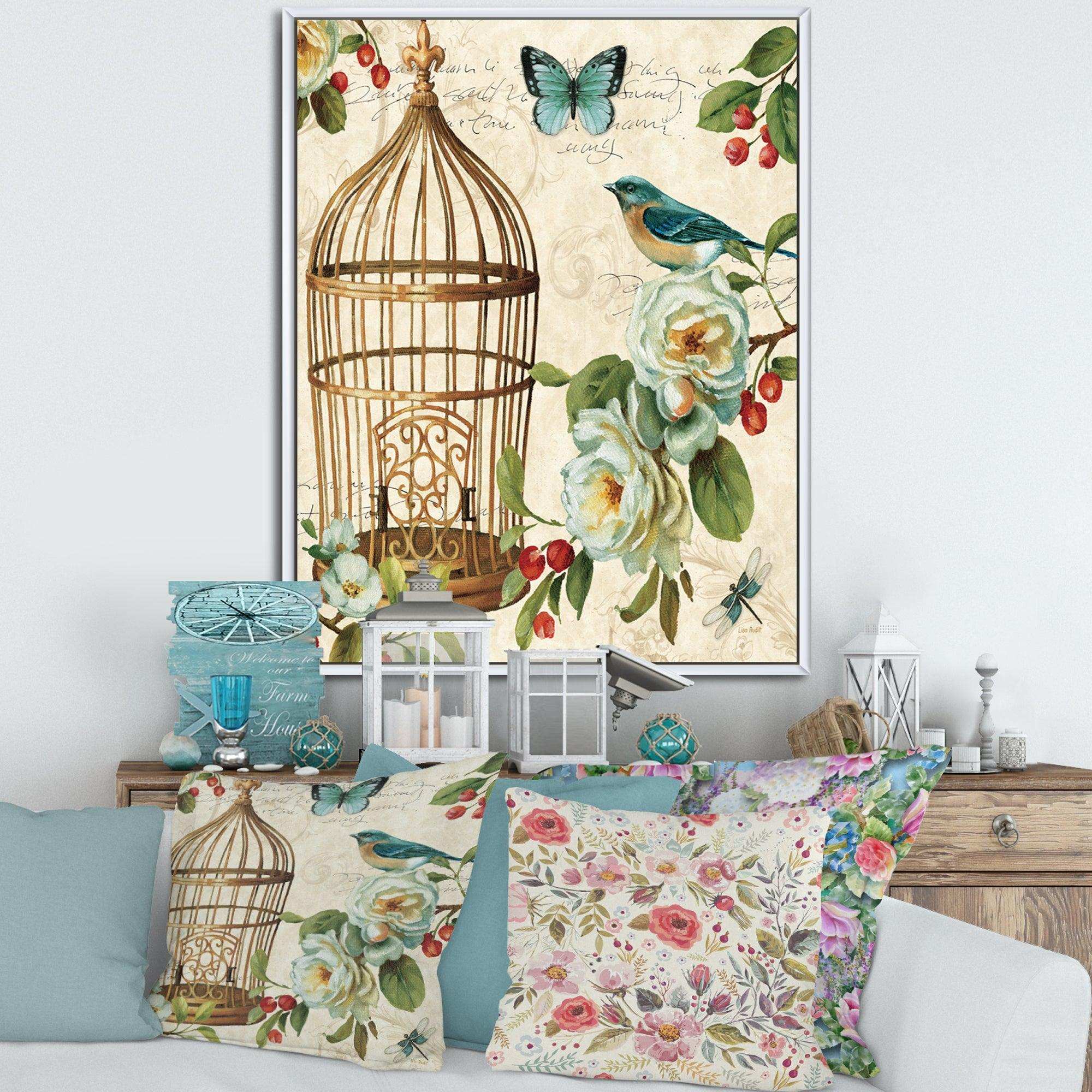 Blue Cottage Bird, Birdcage and Apple Blossoms I