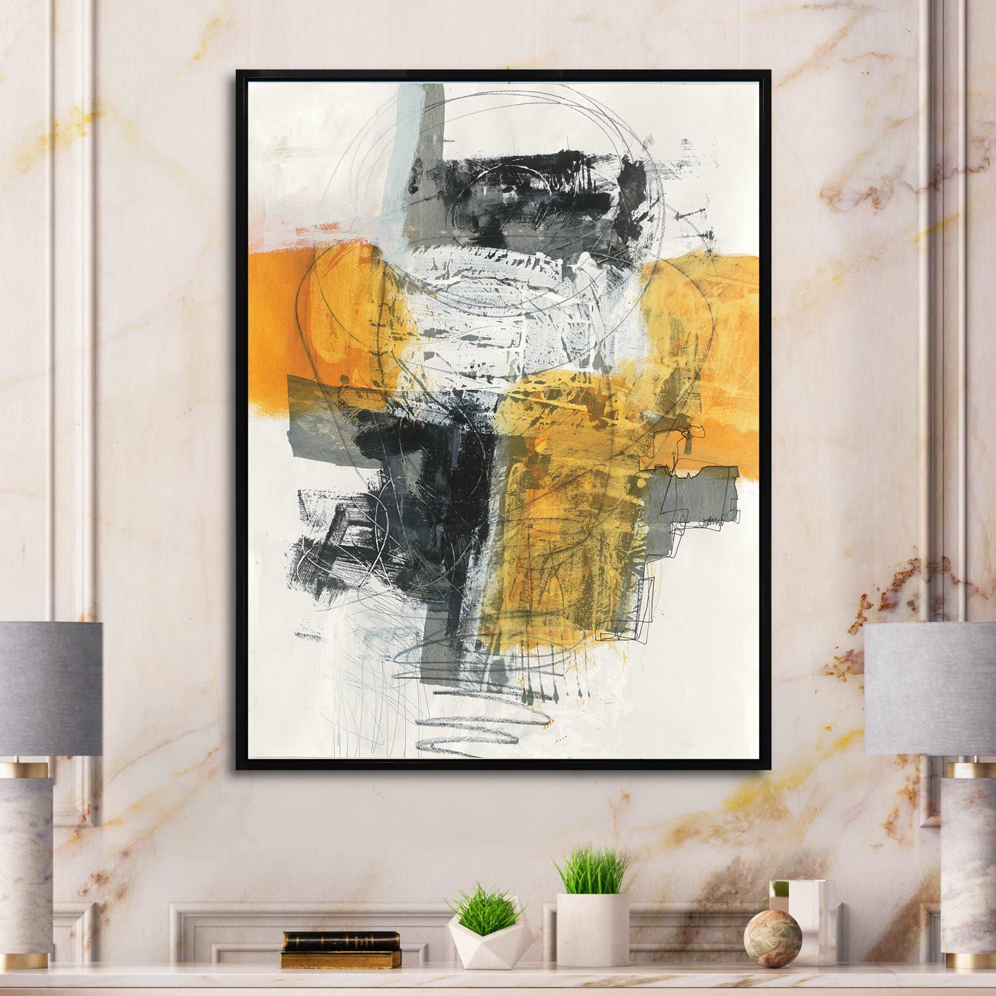 Abstract Composition of Glamorous Yellow and Black Framed Canvas Vibrant Black - 1.5 Thick