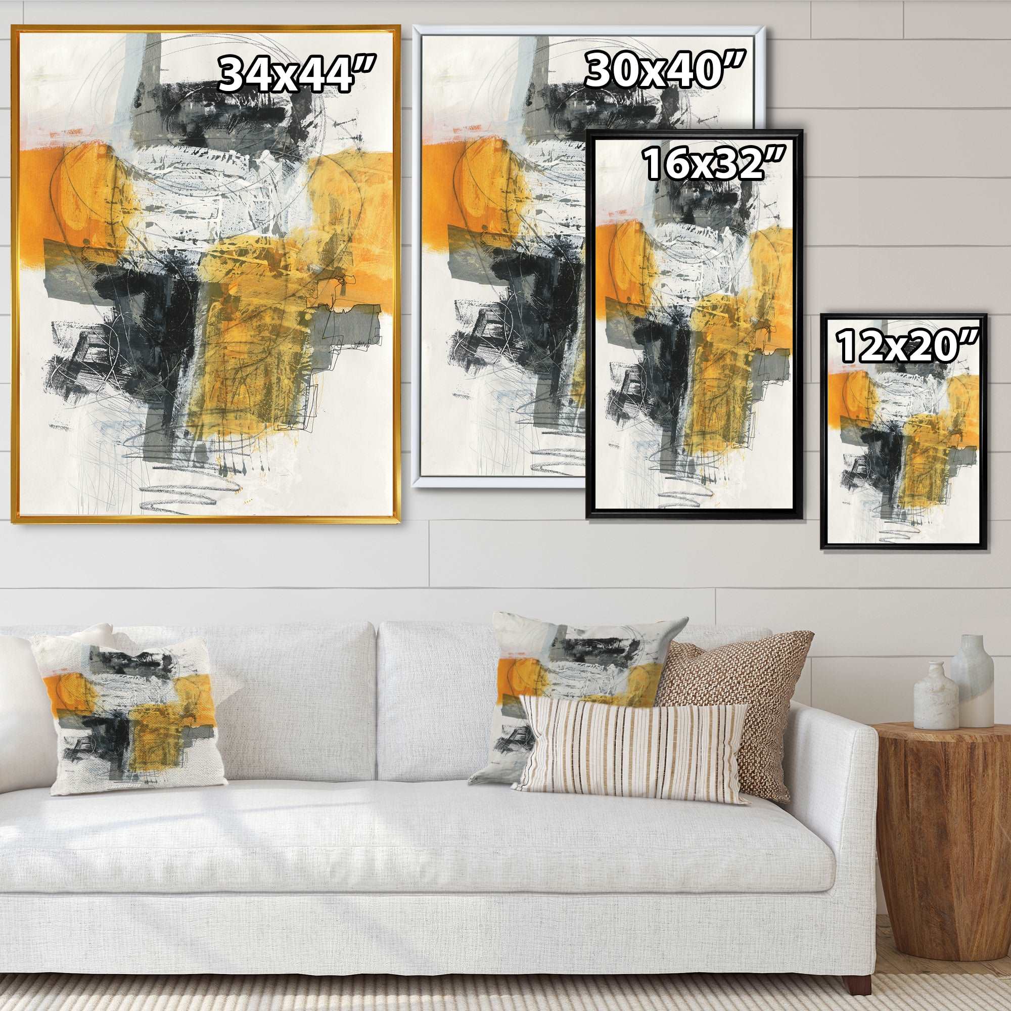 Abstract Composition of Glamorous Yellow and Black Framed Print Matte White - 1.5 Width