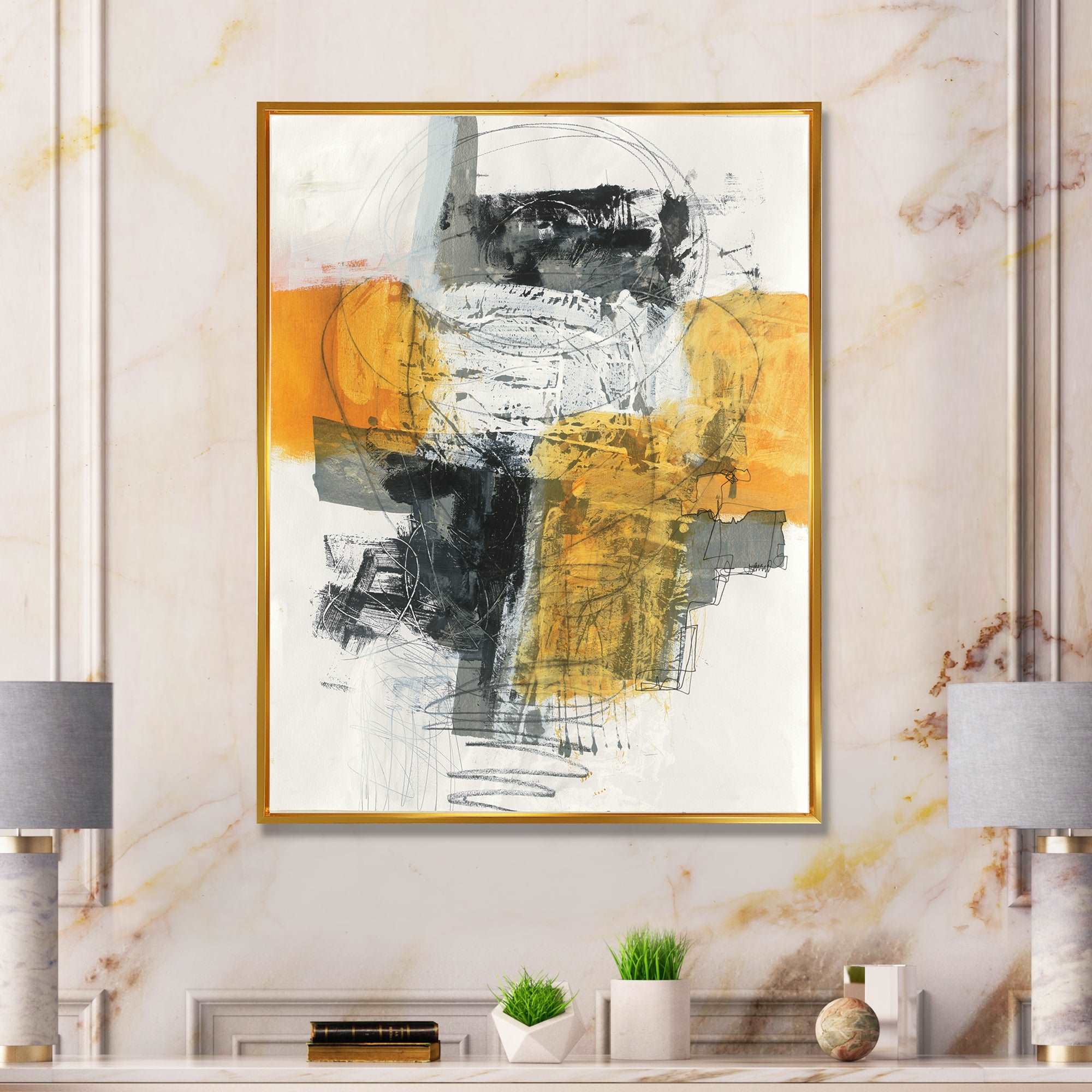 Abstract Composition of Glamorous Yellow and Black Framed Canvas Vibrant Gold - 1.5 Thick