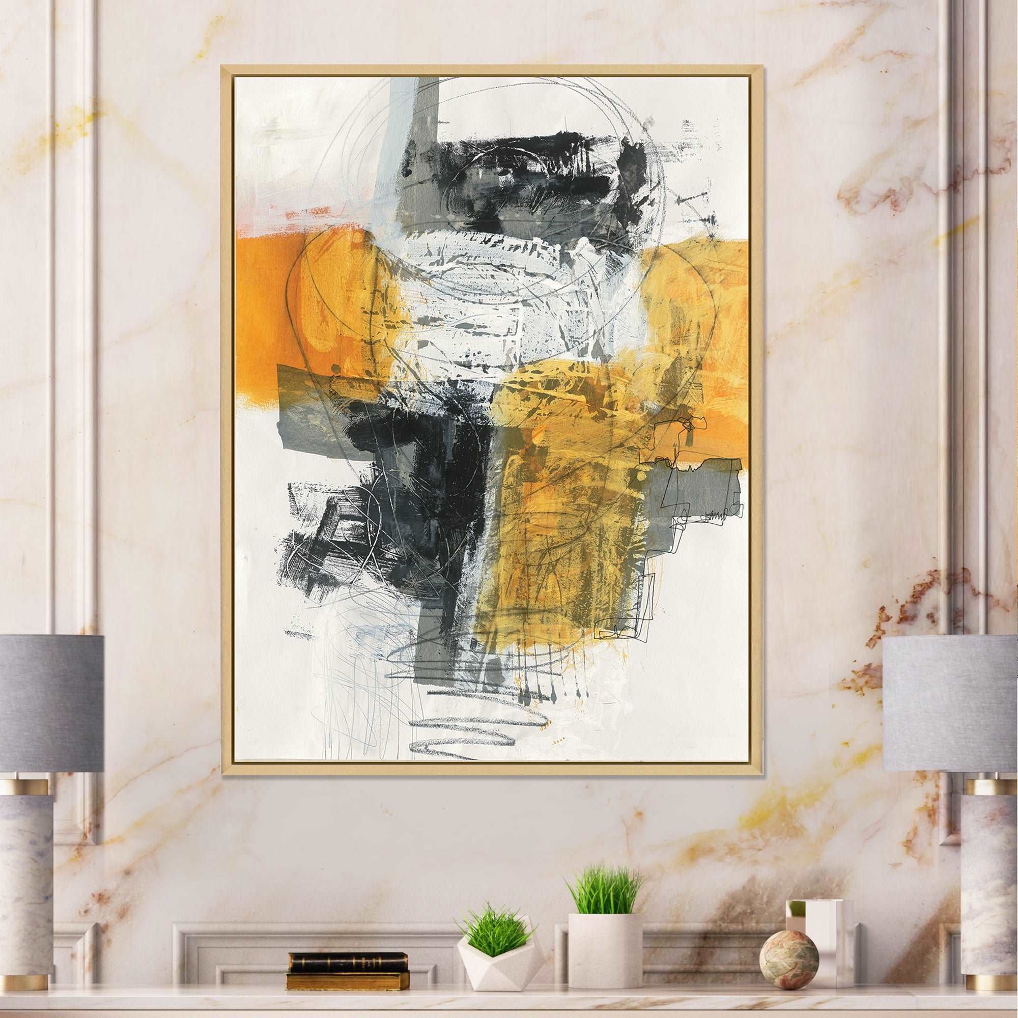 Abstract Composition of Glamorous Yellow and Black Framed Canvas Matte White - 1.5 Thick