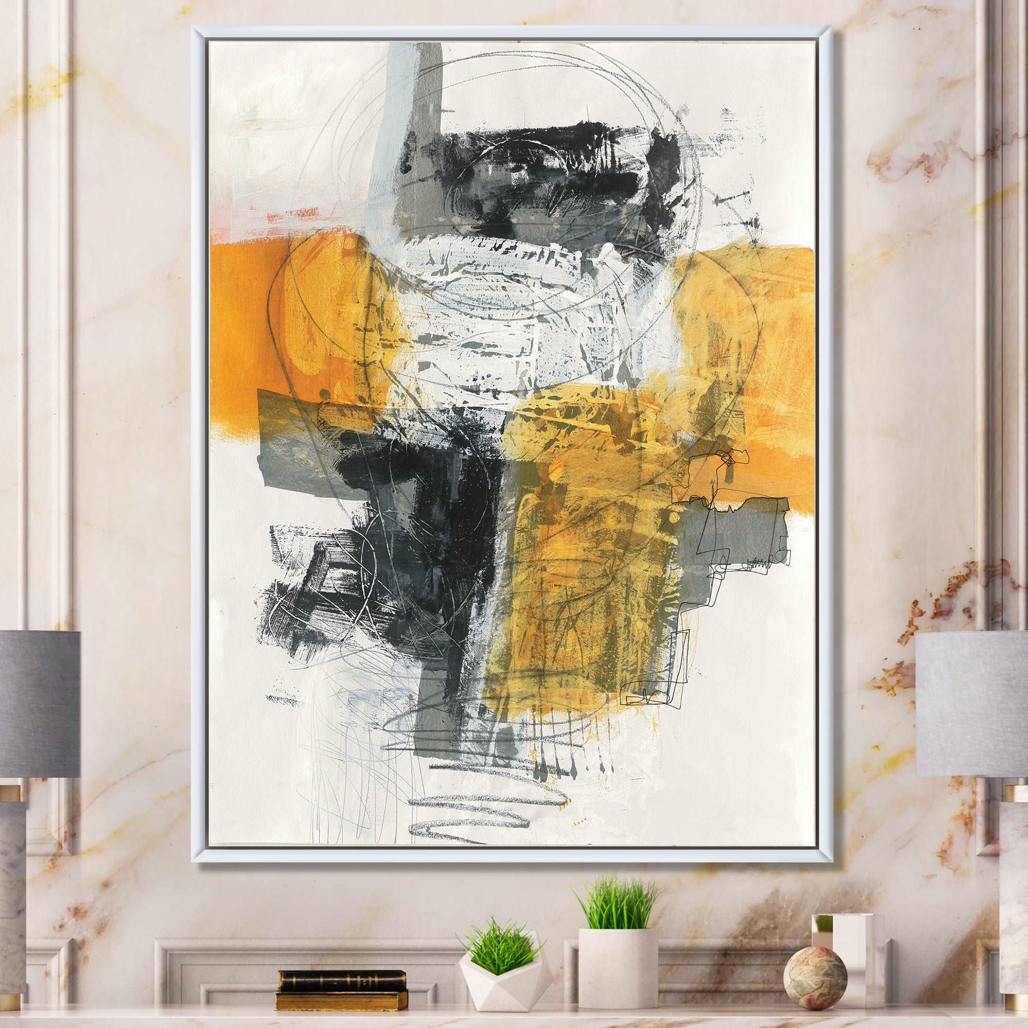 Abstract Composition of Glamorous Yellow and Black Framed Canvas Matte White - 1.5 Thick