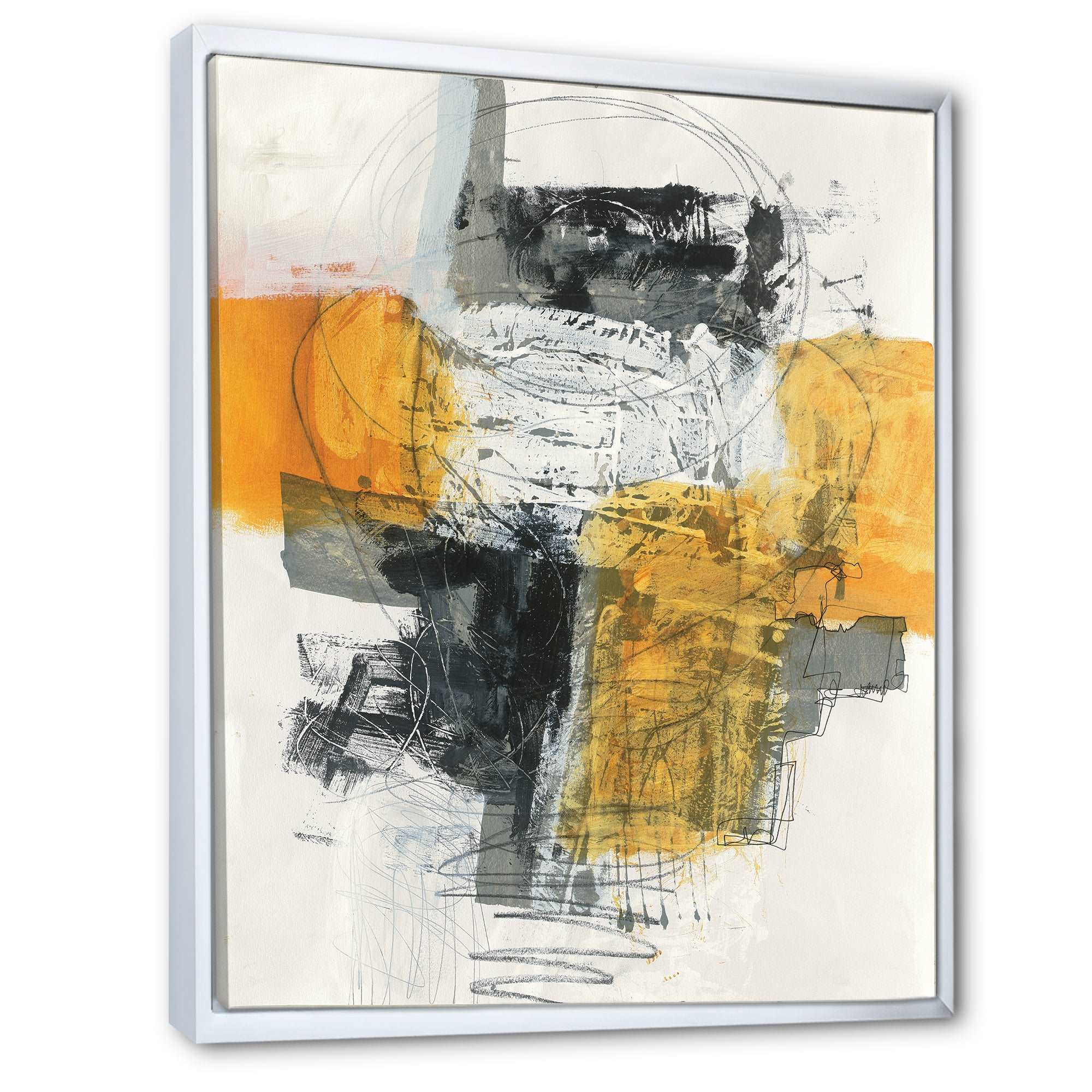 Abstract Composition of Glamorous Yellow and Black Framed Canvas Matte White - 1.5 Thick