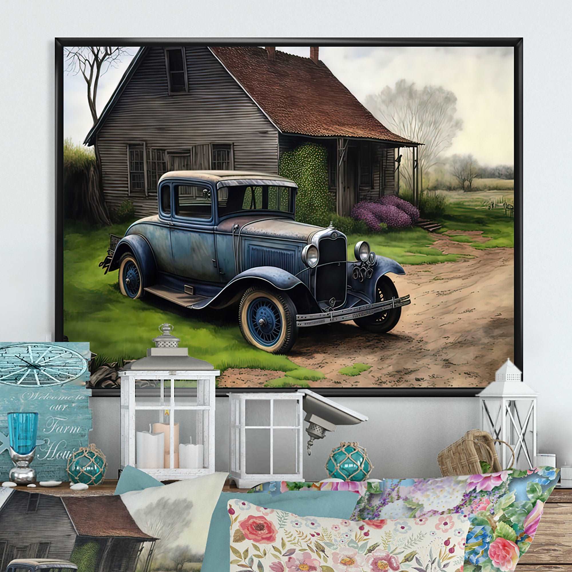 30S Ford Car In Barn V Framed Canvas Vibrant Gold - 1.5Thick