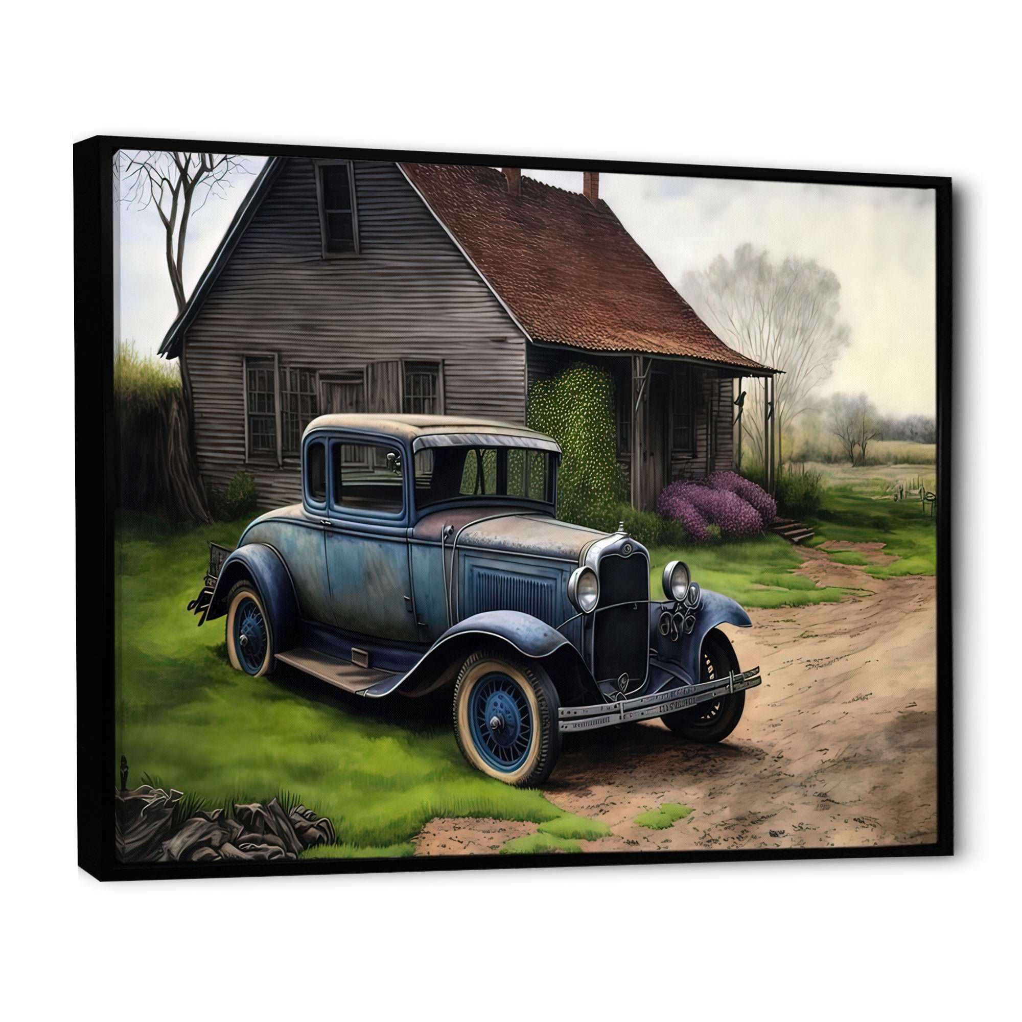 30S Ford Car In Barn V Framed Canvas Vibrant Black - 1.5Thick