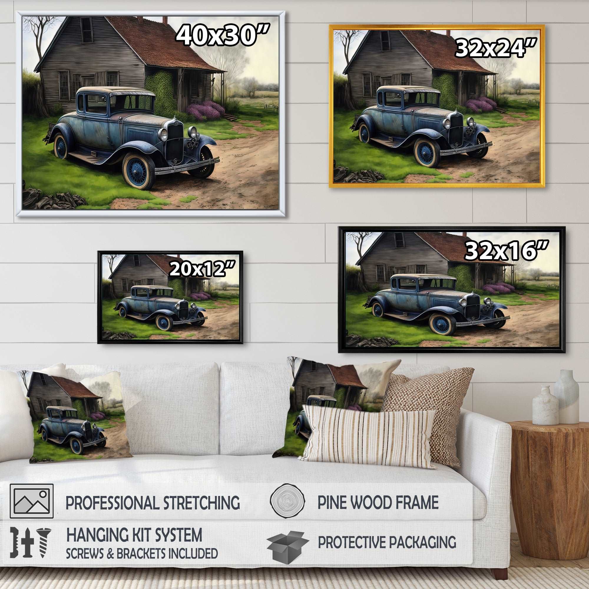 30S Ford Car In Barn V Framed Canvas Vibrant Gold - 1.5Thick