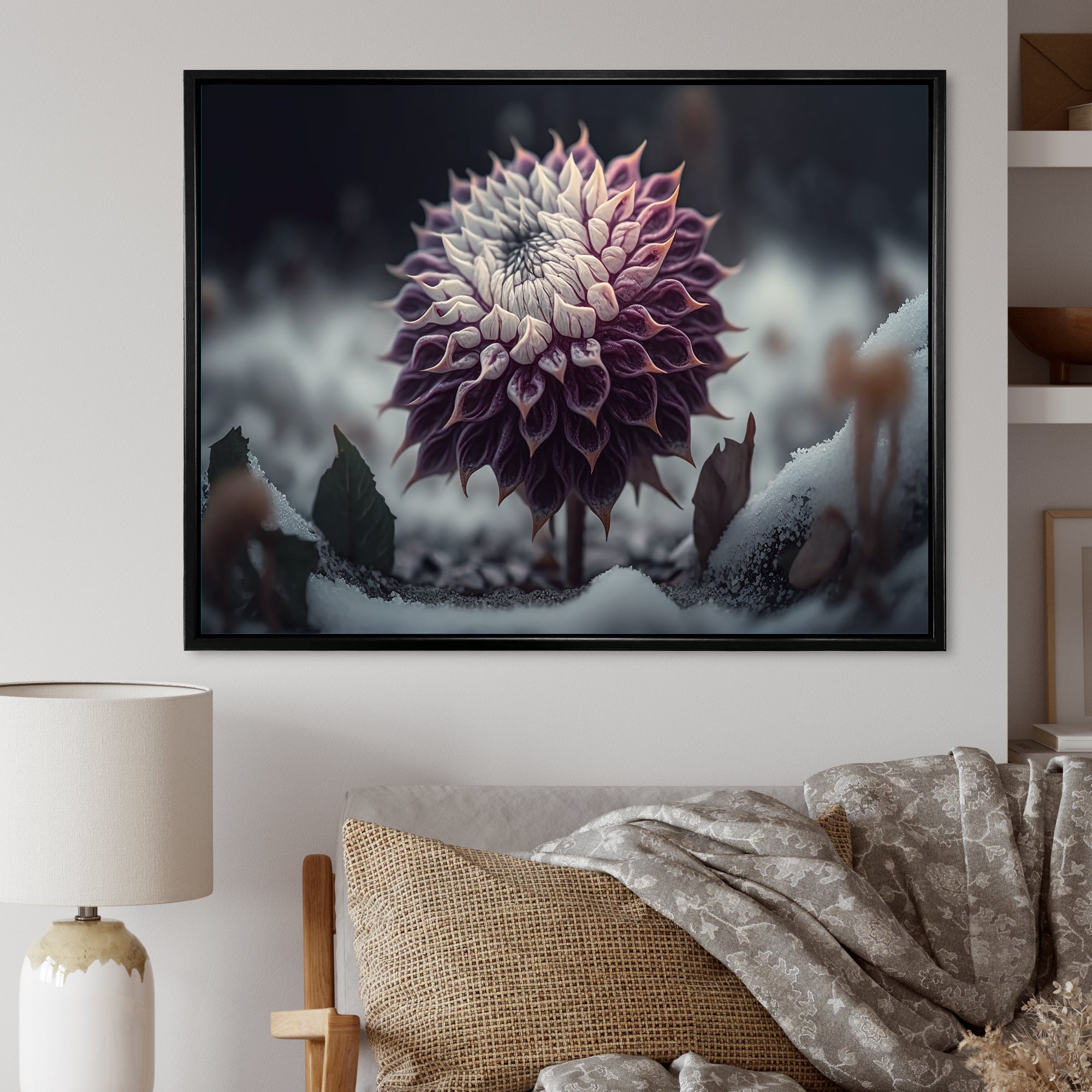 A Blooming Purple Dahlia Flower In Winter III Framed Canvas Vibrant Gold - 1.5Thick