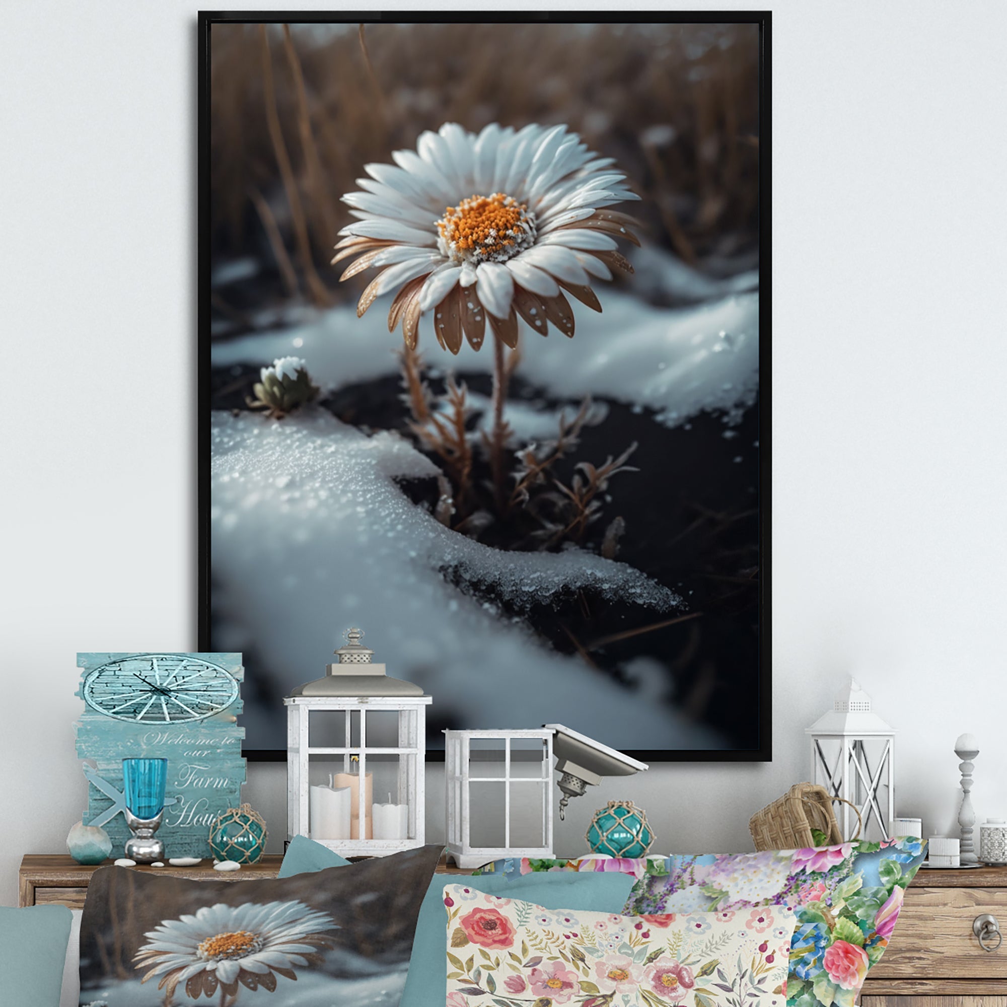 A Blooming White Daisy Flower In Winter Framed Canvas Vibrant Gold - 1.5Thick