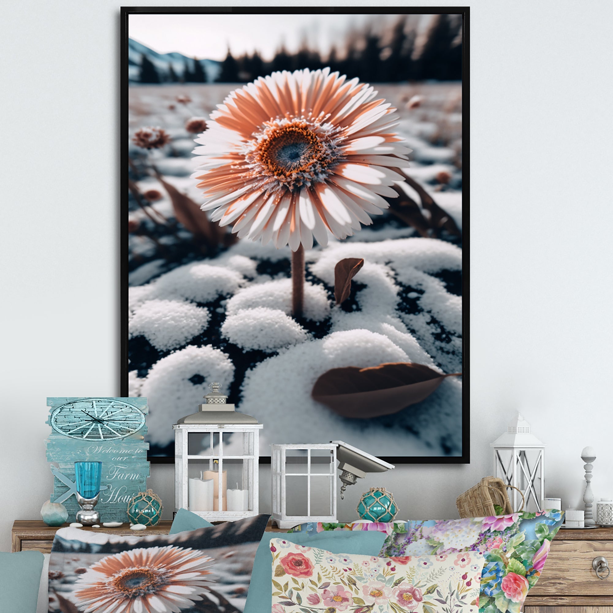A Blooming White Gerbera Flower In Winter Framed Canvas Vibrant Gold - 1.5Thick