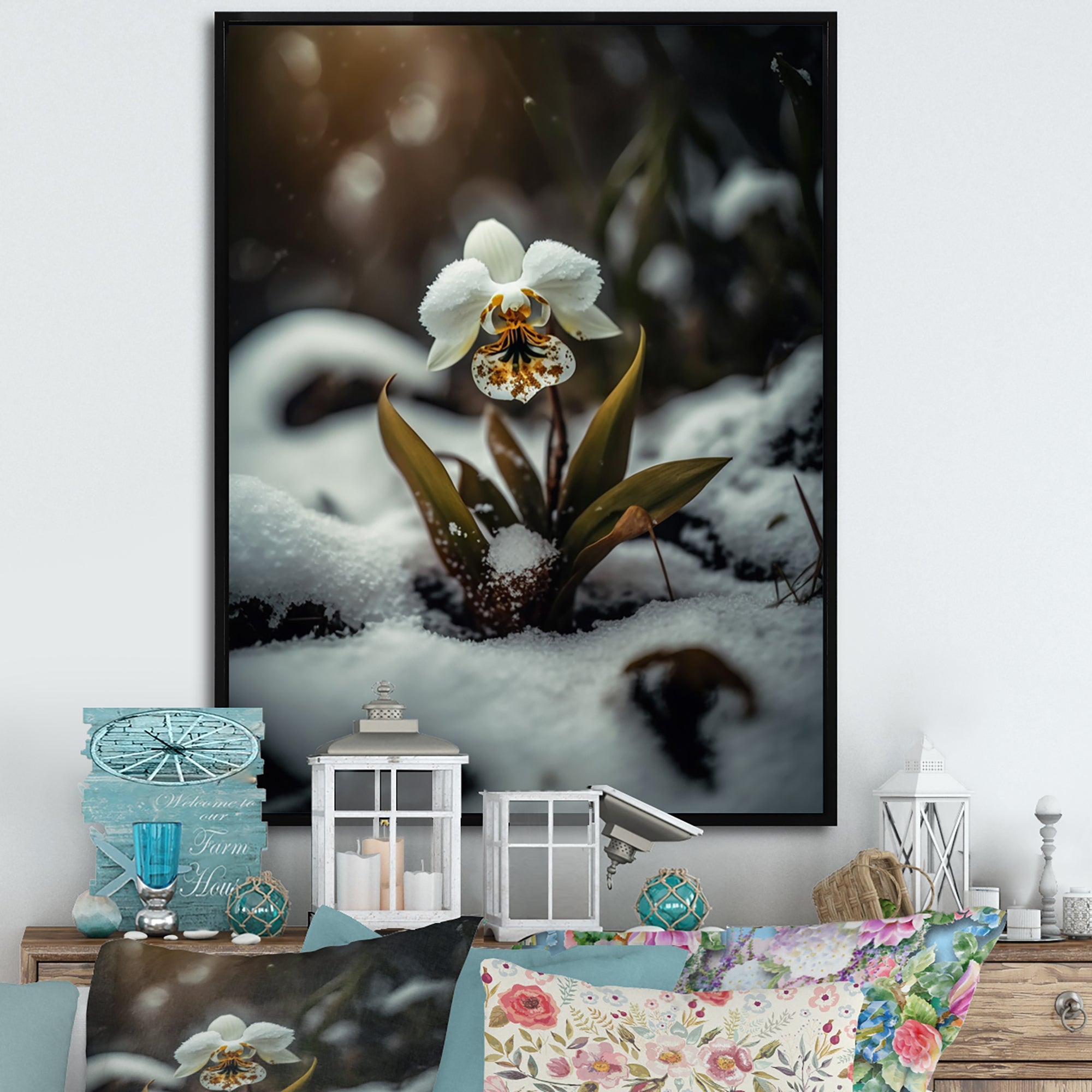 A Blooming White Orchid Flower In Winter II Framed Canvas Vibrant Gold - 1.5Thick