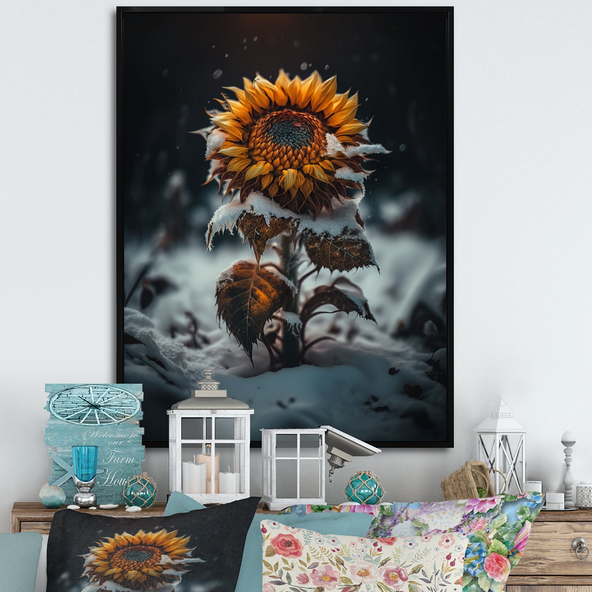 A Blooming Yellow And Orange Sunflower Winter I Framed Canvas Vibrant Gold - 1.5Thick