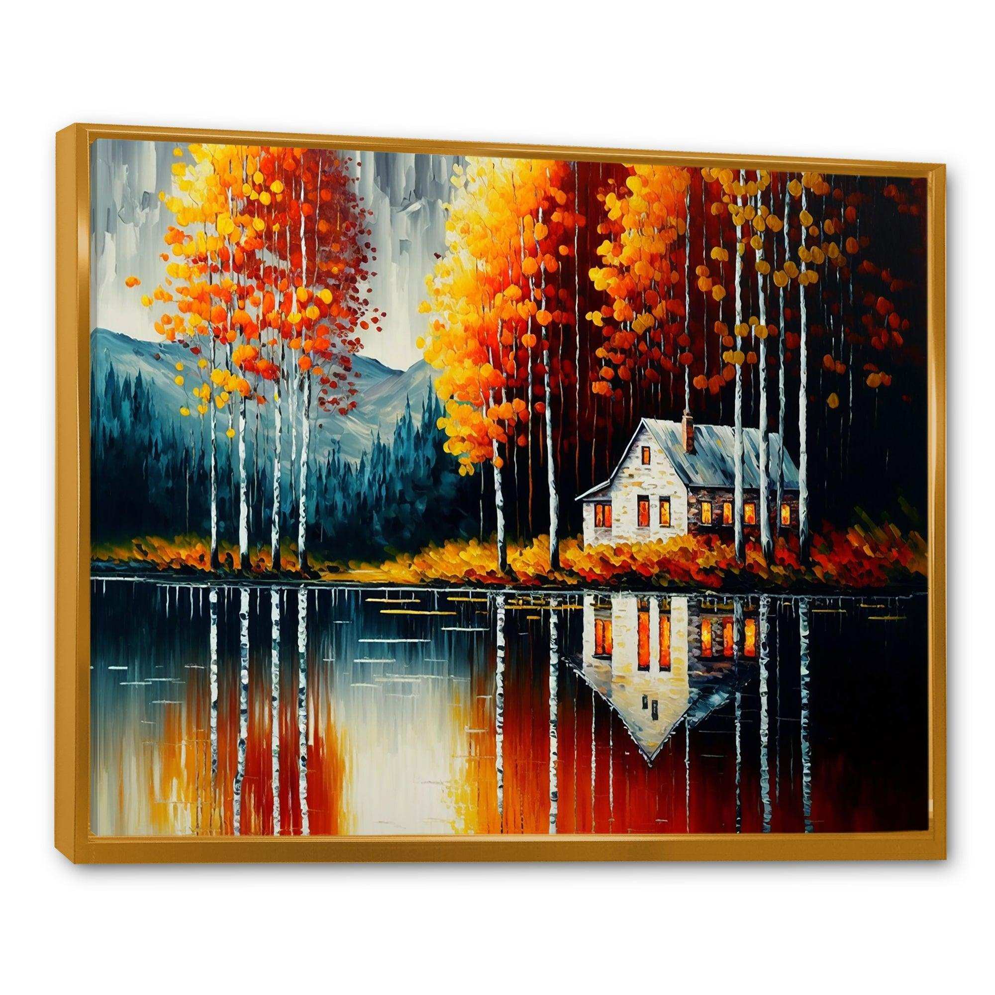 Red And Orange Lake House With Birch Trees