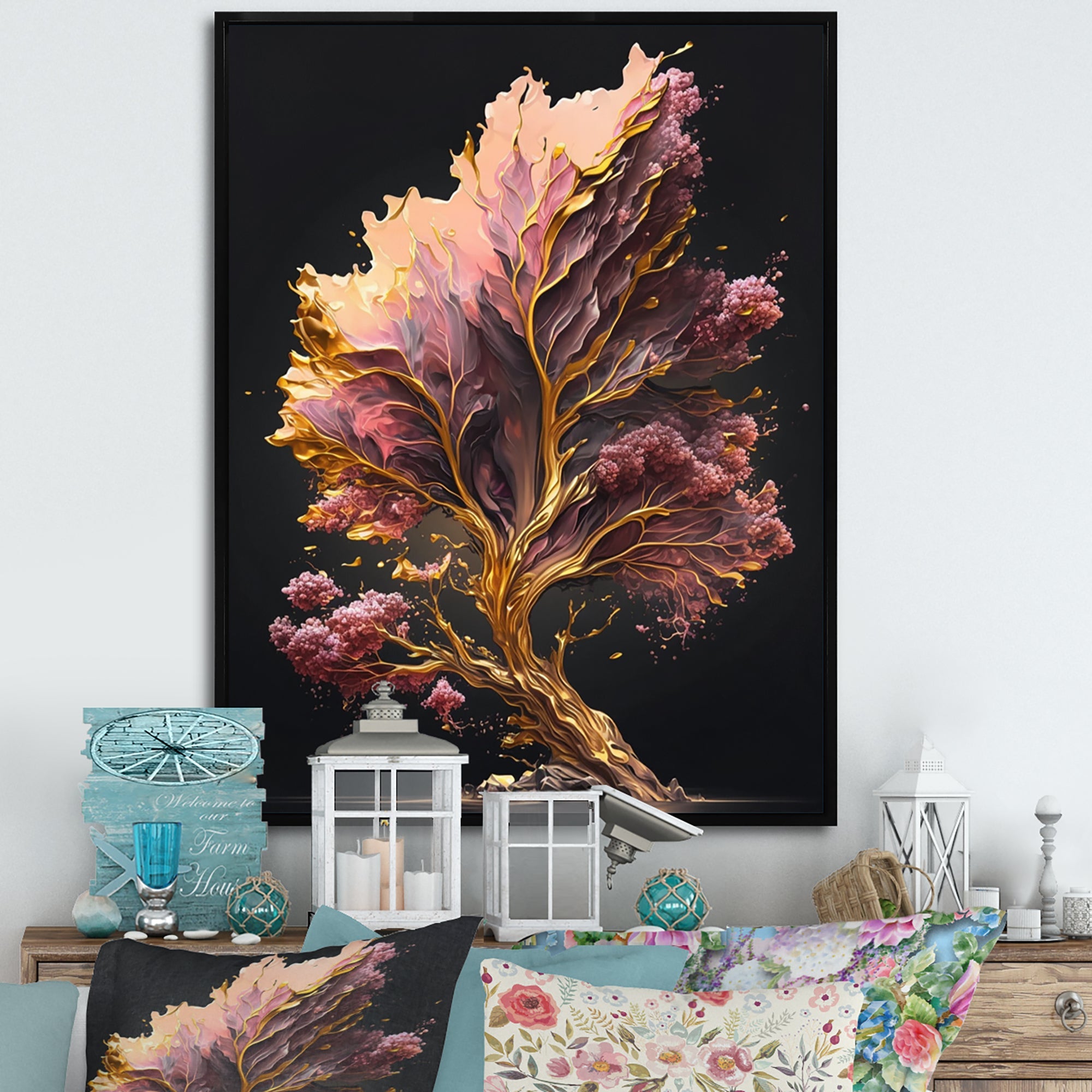 Abstract Pink And Gold Leaves II Framed Canvas Vibrant Gold - 1.5Thick