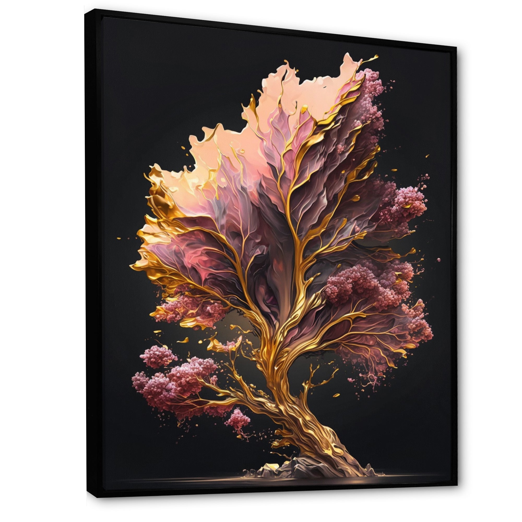 Abstract Pink And Gold Leaves II Framed Canvas Vibrant Black - 1.5Thick