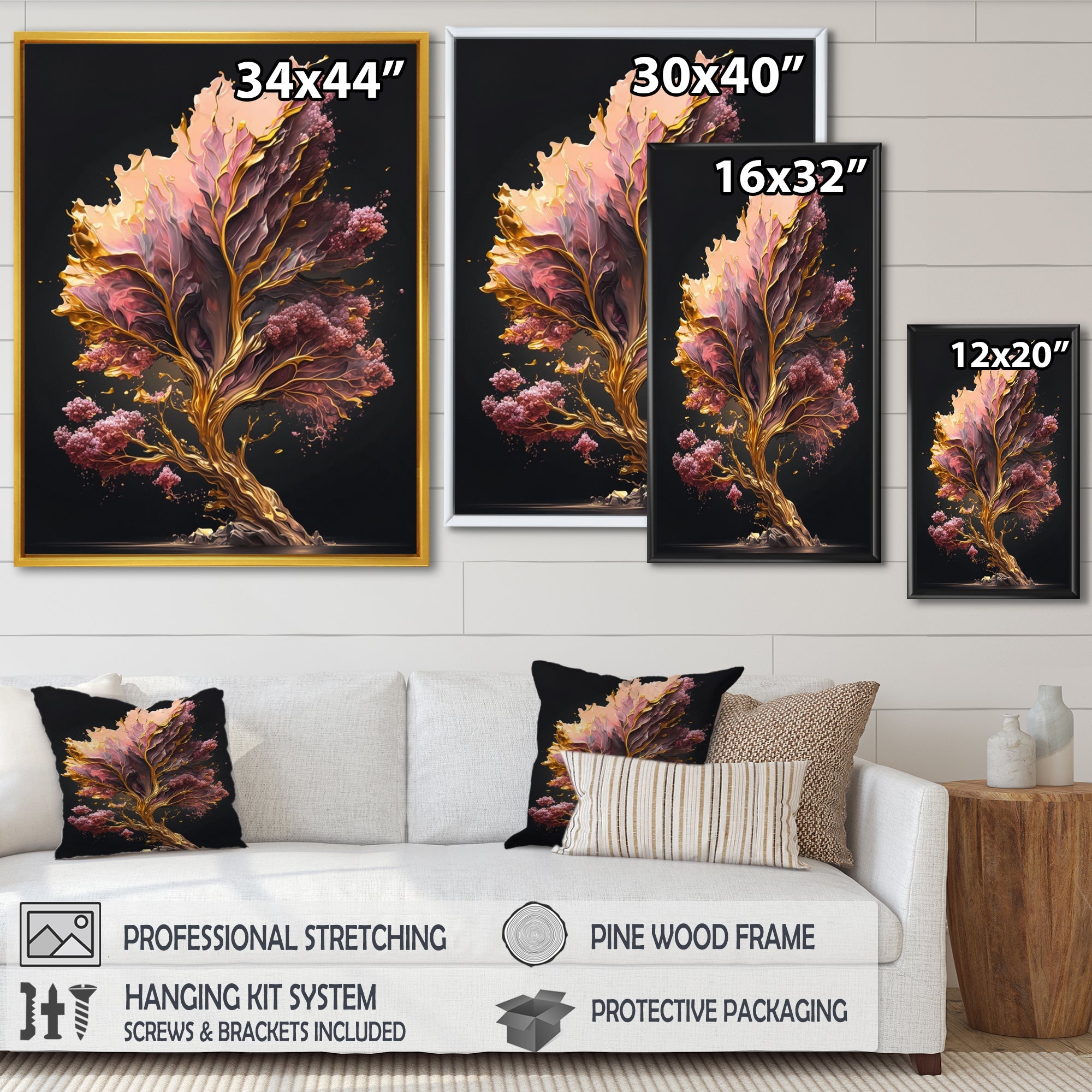 Abstract Pink And Gold Leaves II Framed Canvas Vibrant Black - 1.5Thick
