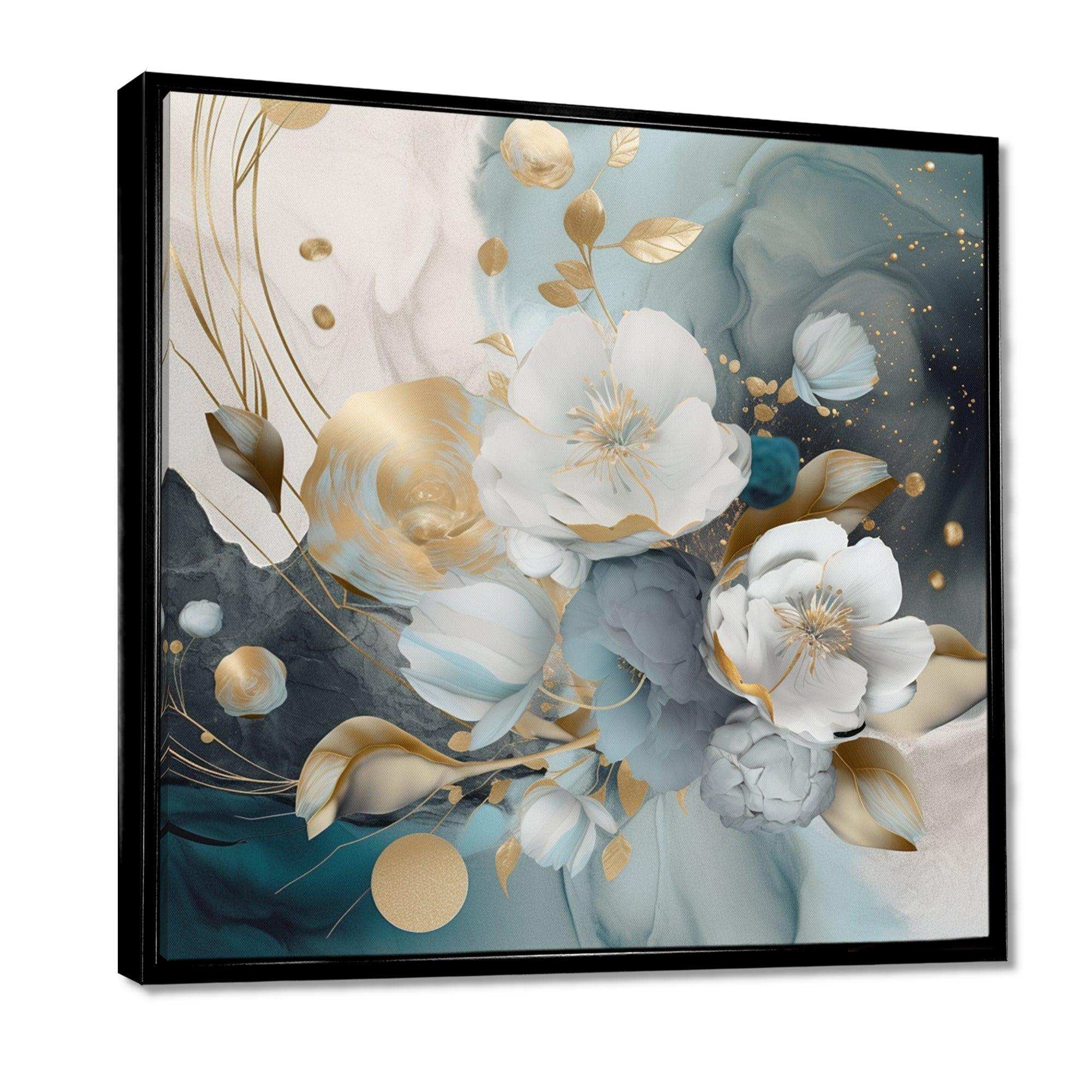 Blue Marble Gold Floral Impressions II - Floral Canvas Wall Art