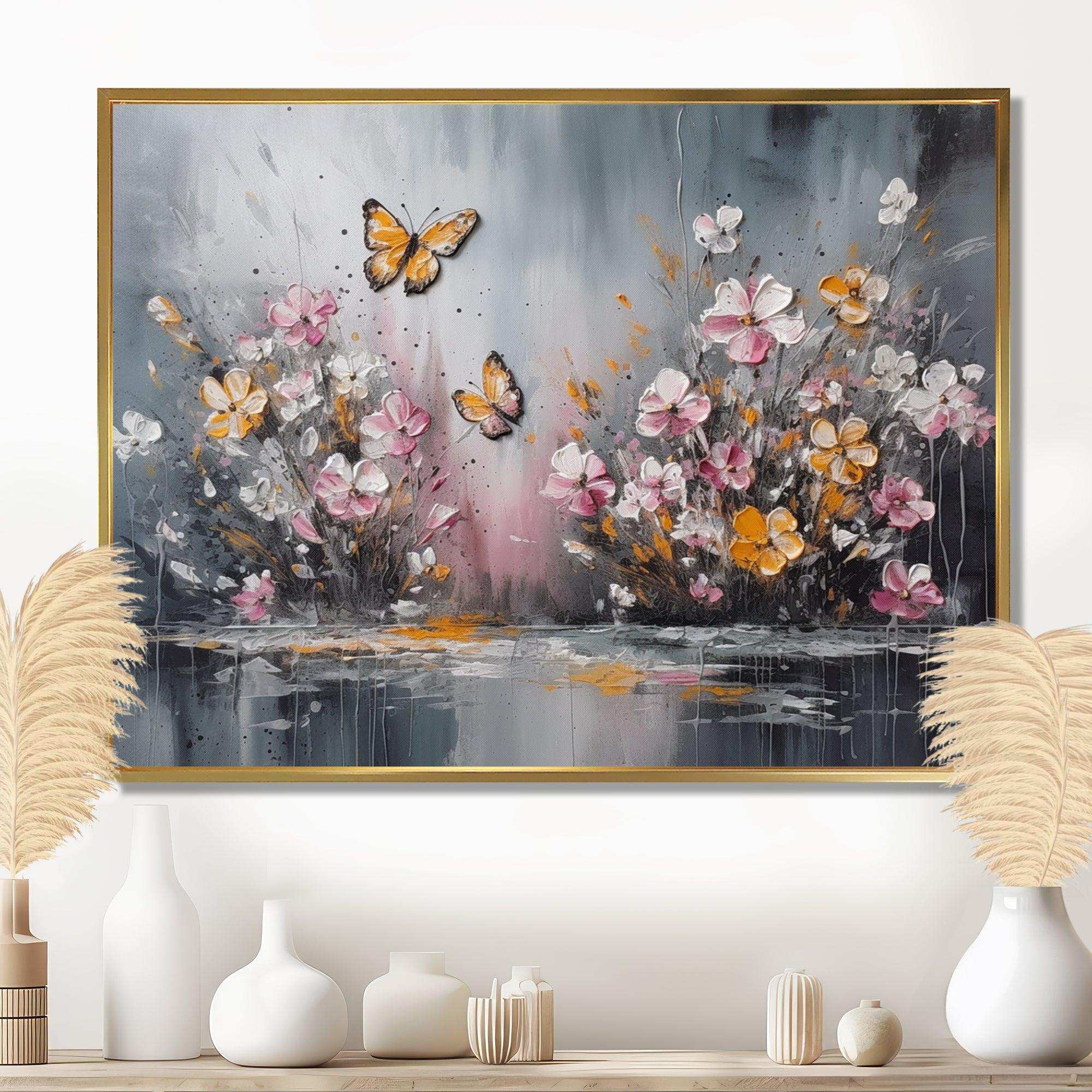 Flowers With White Butterflies II - Floral Canvas Wall Art