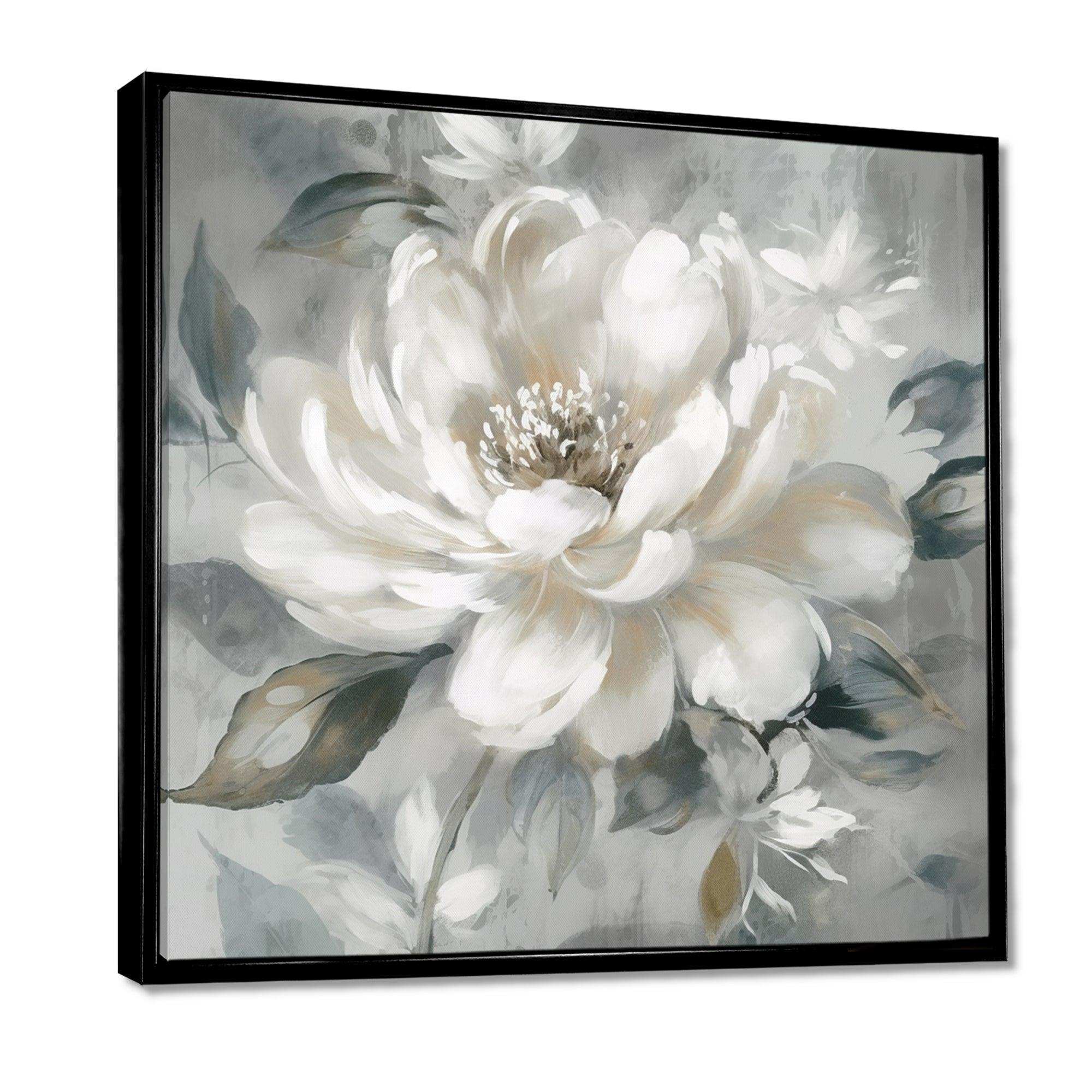 White Grey Peony Blooms In Motion I - Floral Canvas Wall Art