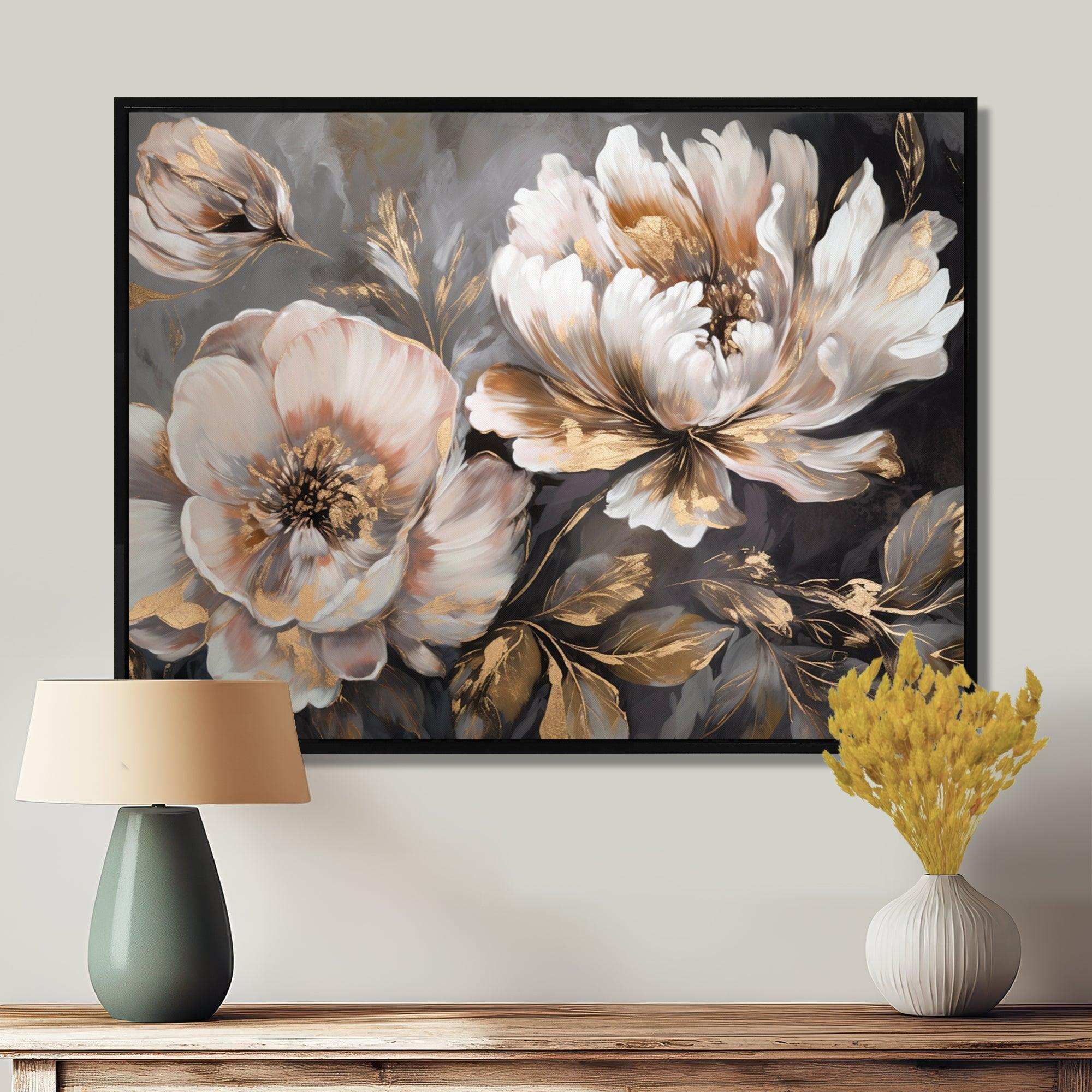 White Grey Peony Blooms In Motion IV - Floral Canvas Wall Art