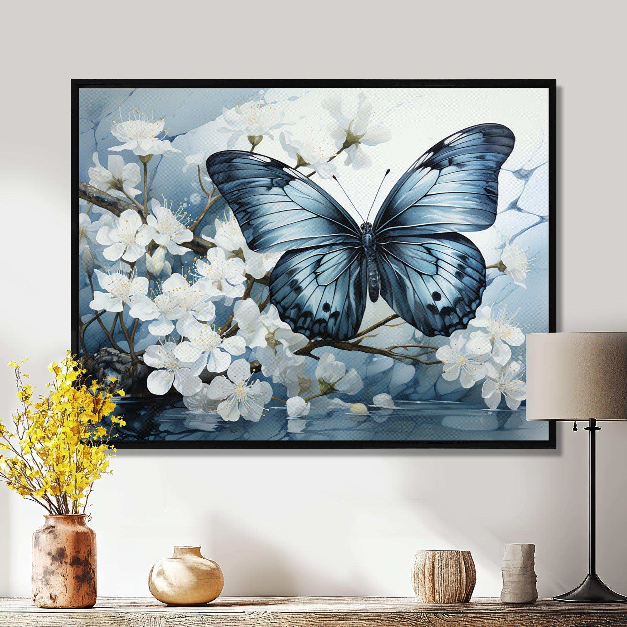 Blue White Butterfly Reflection - Animals Canvas Wall Art