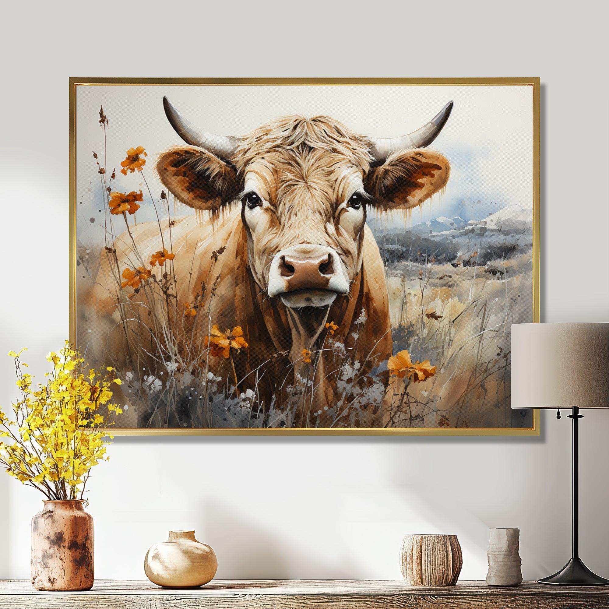 Cow In The Meadow III - Animals Canvas Wall Art